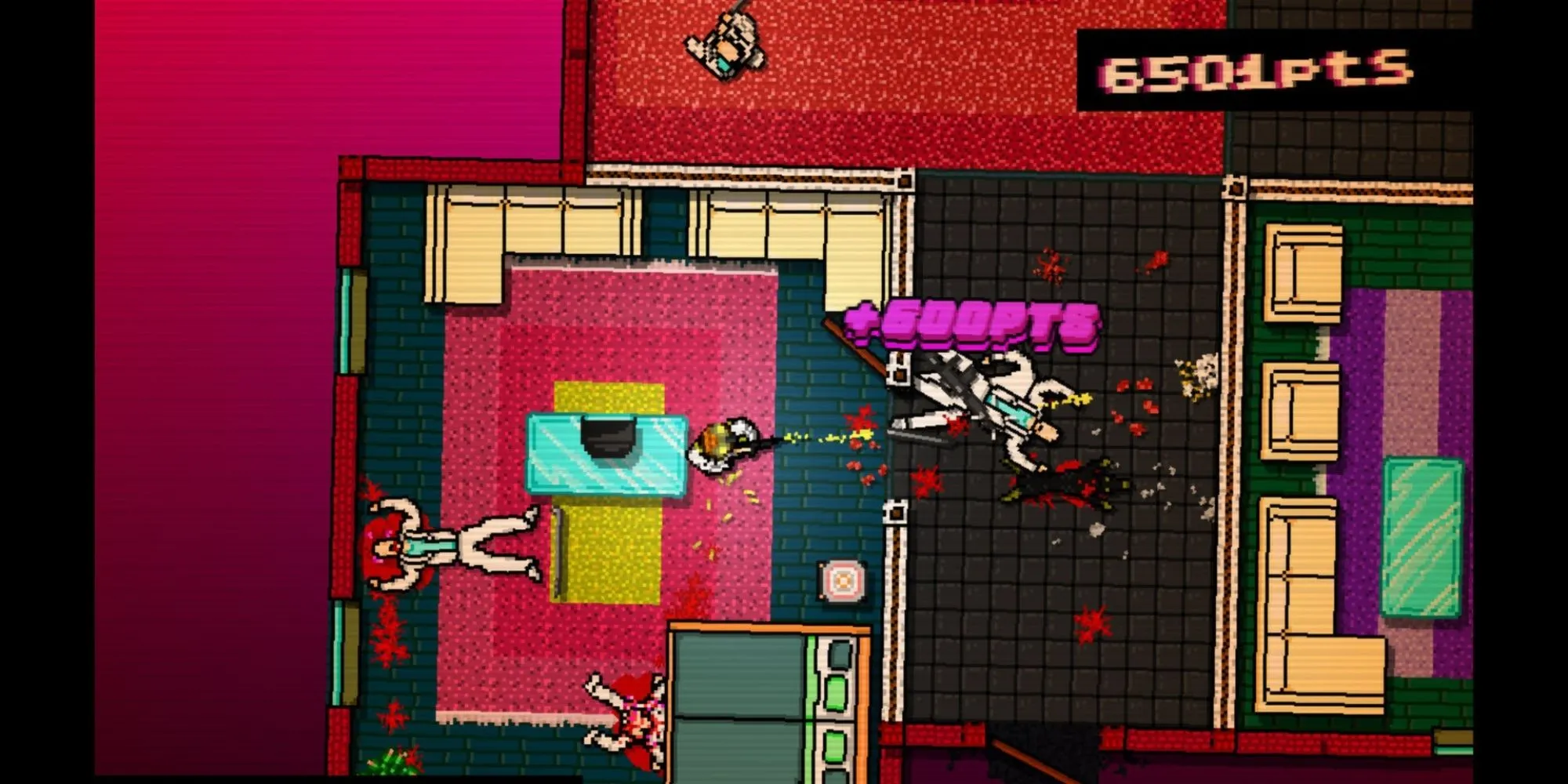 Hình ảnh đậm chất Hotline Miami với màu sắc neon và bạo lực
