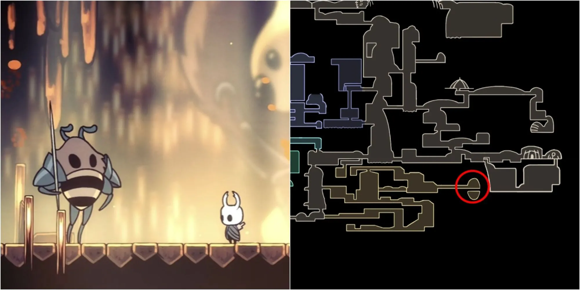 Hive Knight, boss tùy chọn trong DLC Lifeblood, đang chờ đợi ở The Hive của Hollow Knight