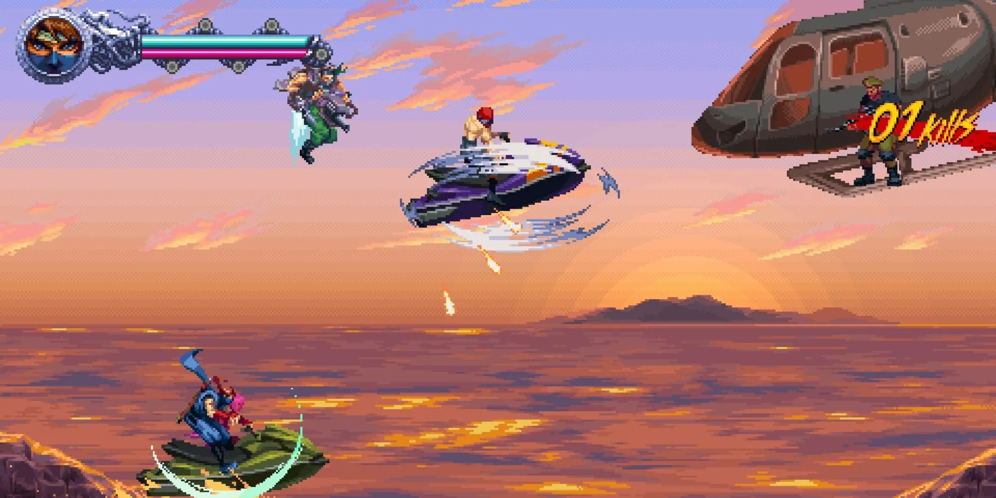 Kenji Mozu lướt trên mặt nước bằng jet ski trong một nhiệm vụ độc đáo của Ninja Gaiden Ragebound