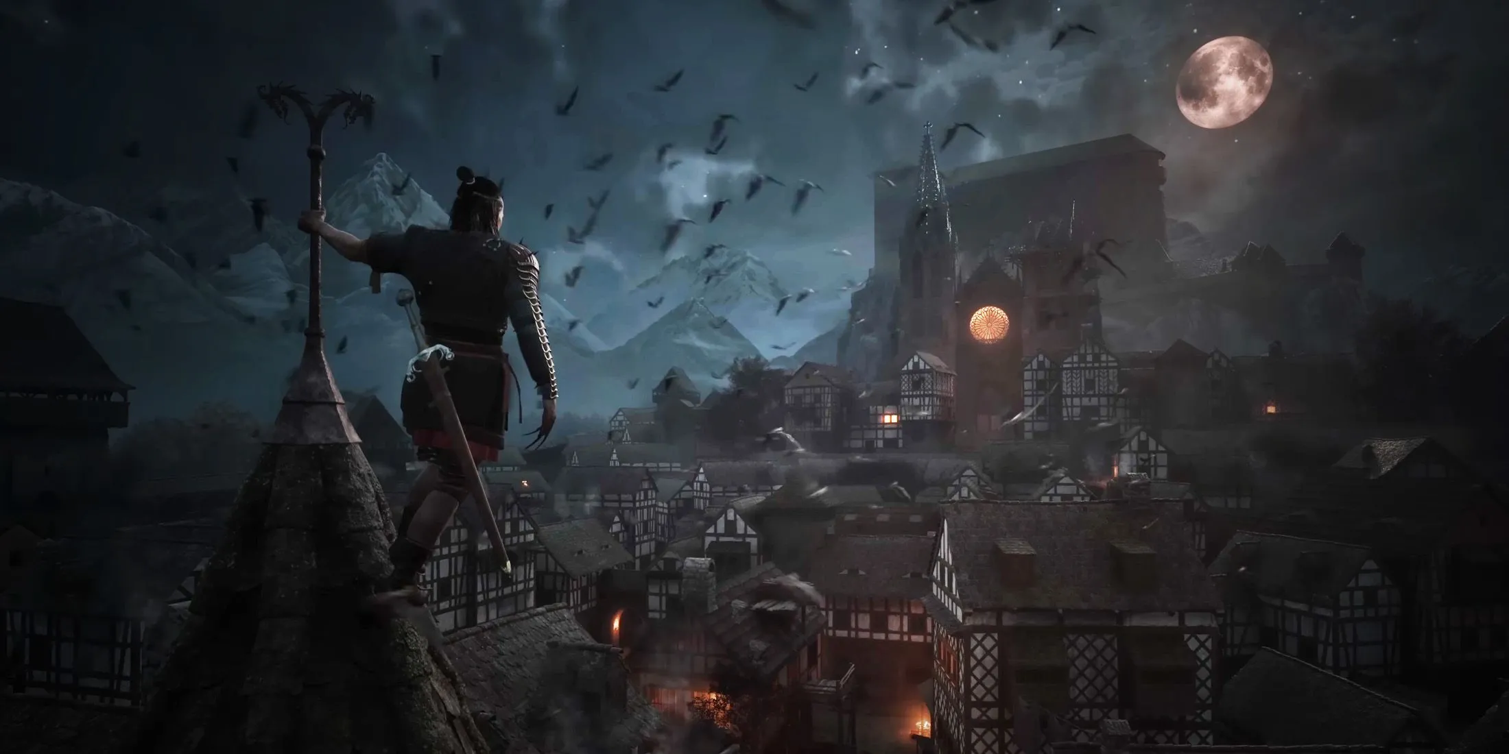 Khung cảnh thành phố thời trung cổ vào ban đêm trong The Blood of Dawnwalker, tràn ngập ma cà rồng