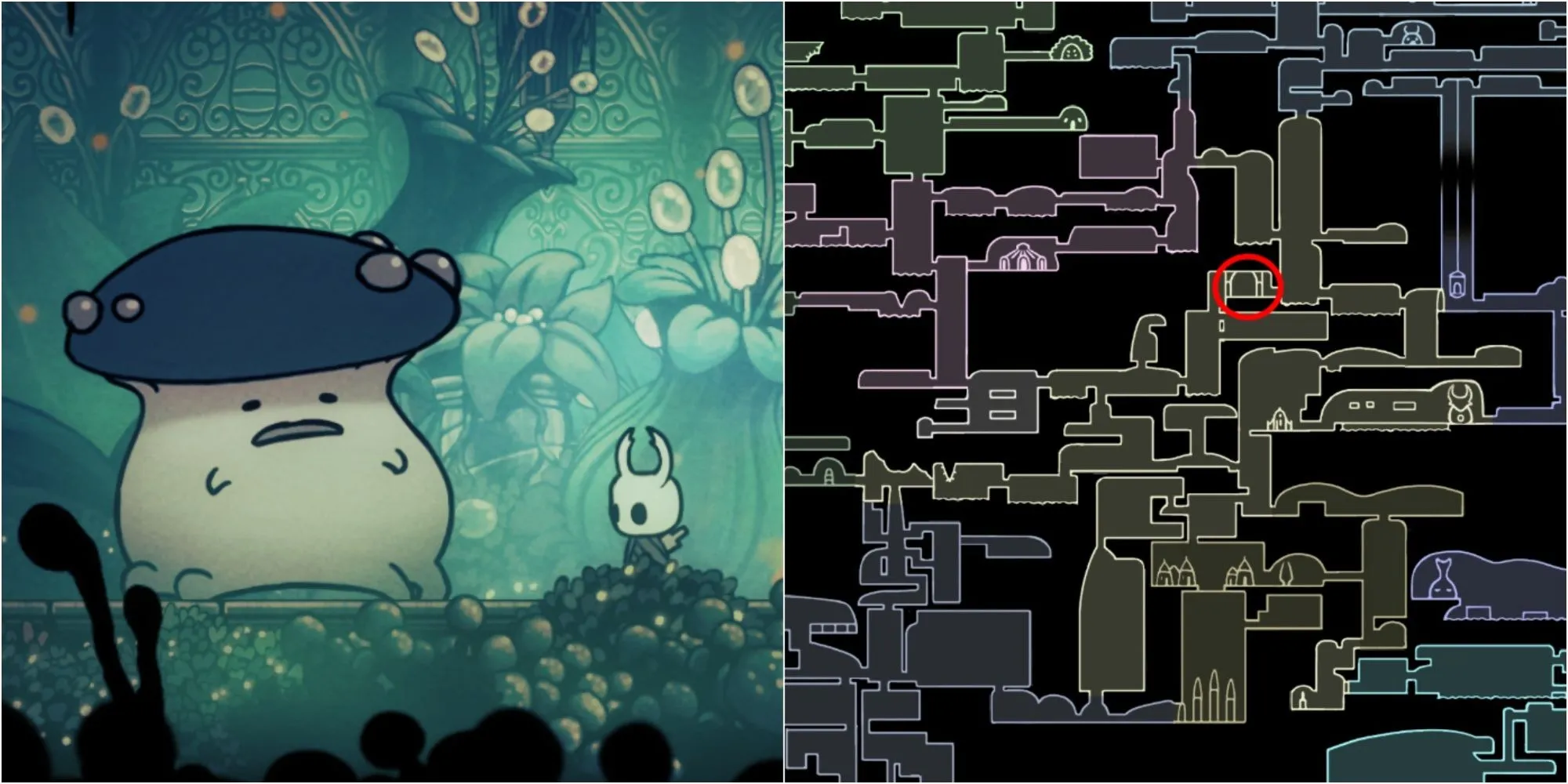 Kị Sĩ Rỗng đứng trong đấu trường ở Fungal Wastes sau khi đánh bại Shrumal Ogres, sẵn sàng nhận Charm Notch Hollow Knight.