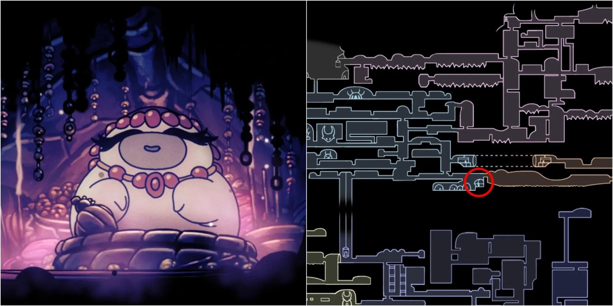 Kị Sĩ Rỗng nói chuyện với Salubra tại cửa hàng bùa chú ở Forgotten Crossroads, nơi bán Charm Notch Hollow Knight.