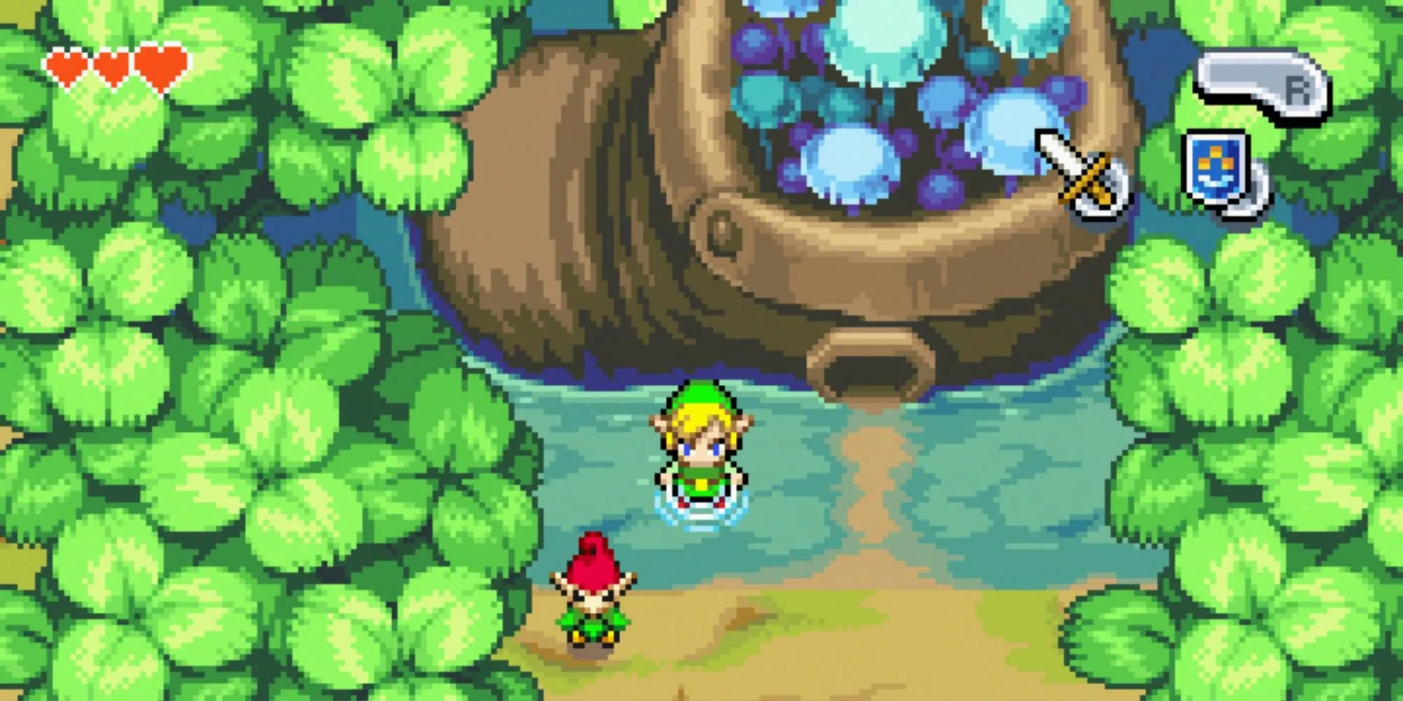 Link và một Picori đứng ngoài một ngôi nhà hình chiếc giày trong The Legend of Zelda: The Minish Cap