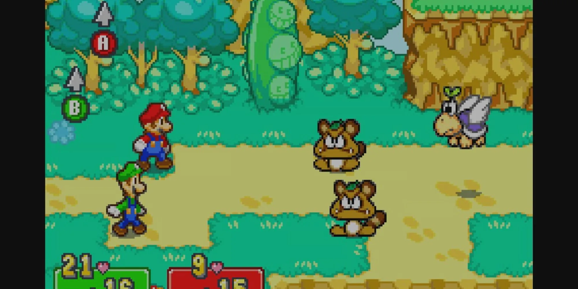 Mario &amp; Luigi Superstar Saga đối đầu với hai Goomba và một Koopa Trooper