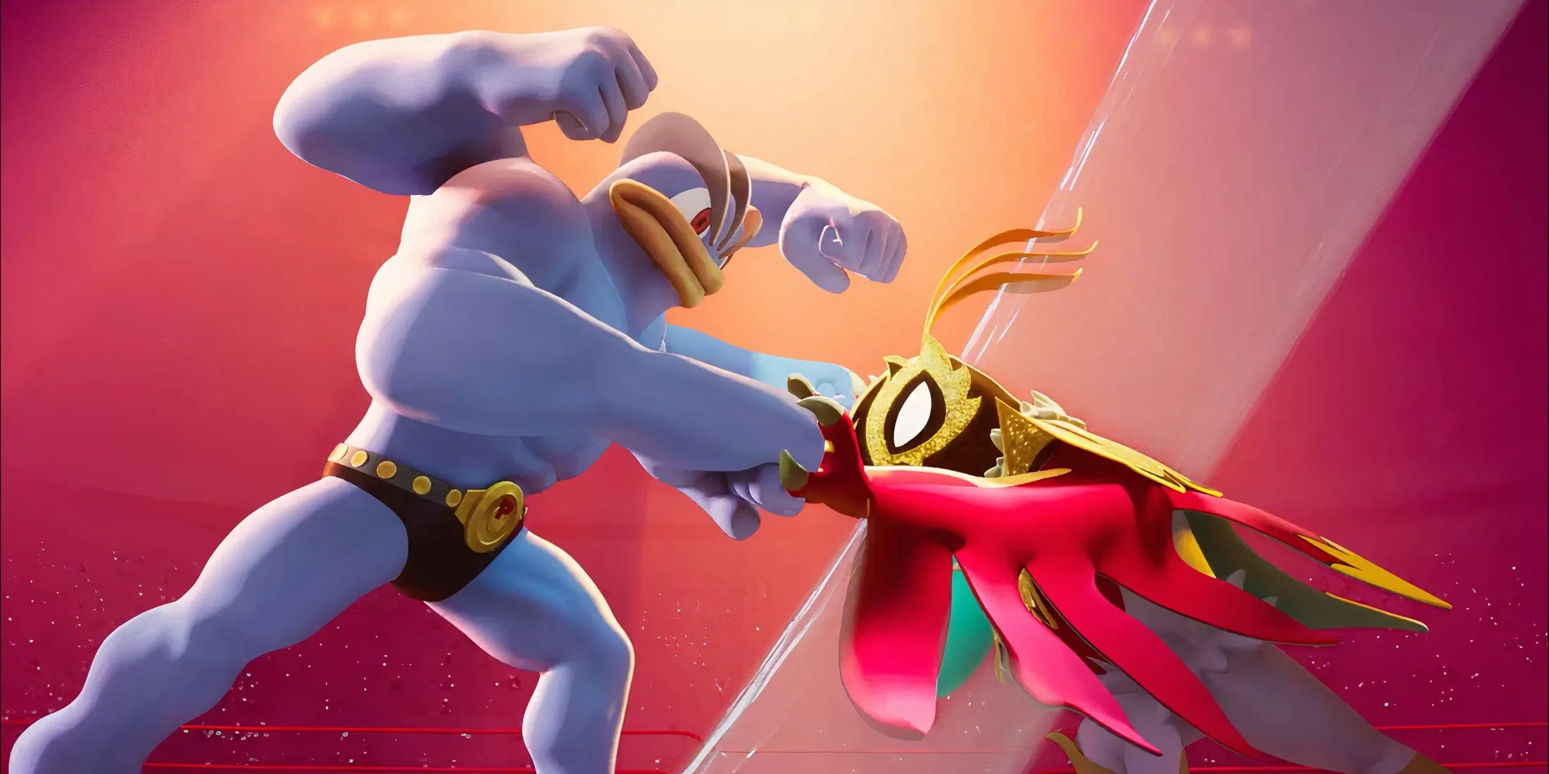 Mega Hawlucha trong trang phục đấu vật đối đầu với Machamp trong video quảng bá Pokémon Legends: Z-A