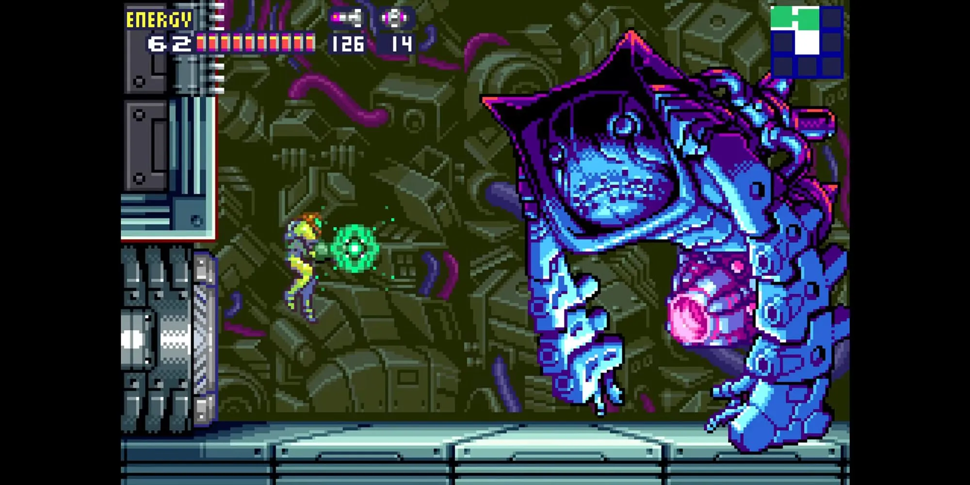 Metroid Fusion GBA, tấn công một con boss.