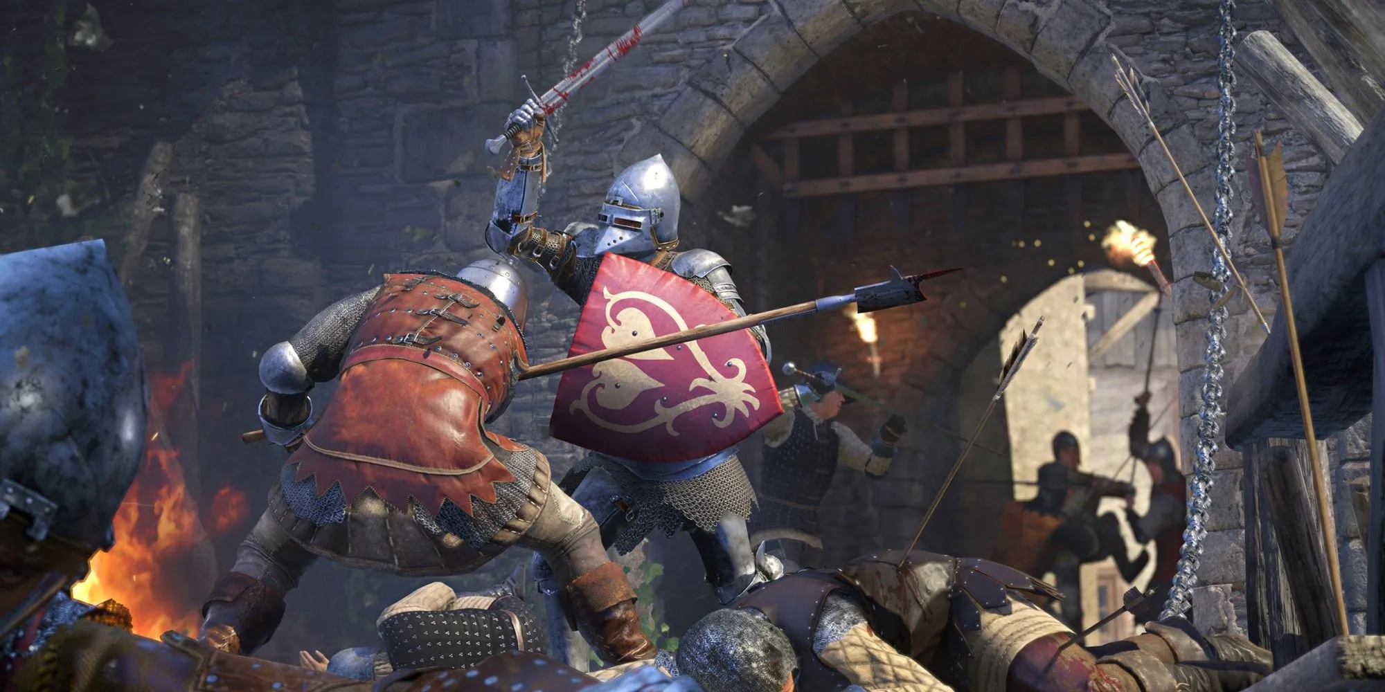 Một cảnh chiến đấu công thành trong Kingdom Come Deliverance II, thể hiện sự khốc liệt và chân thực của trận chiến thời trung cổ.