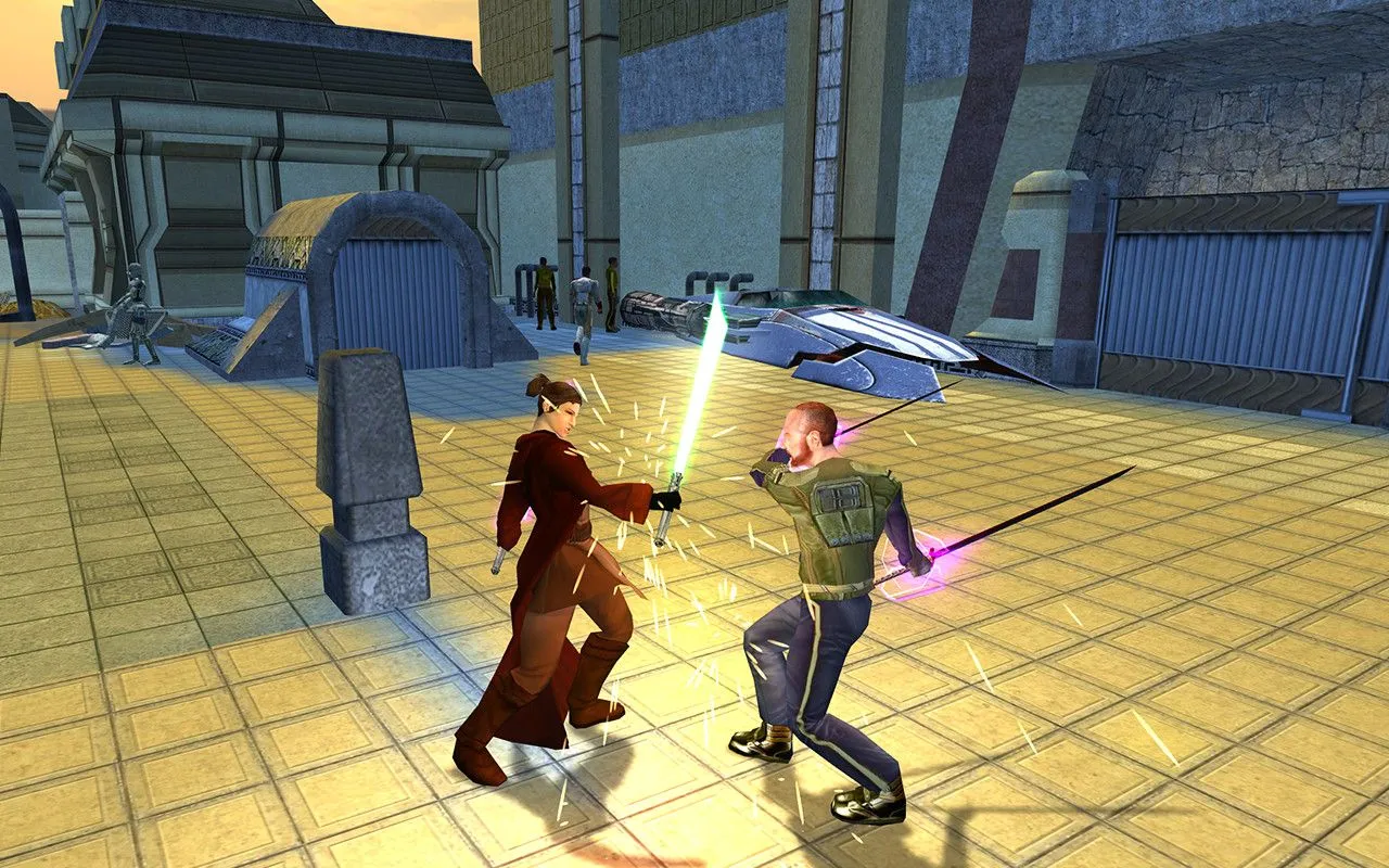 Một cảnh chiến đấu trong Star Wars Knights of the Old Republic II, với các nhân vật sử dụng Lightsaber trong một môi trường khoa học viễn tưởng.