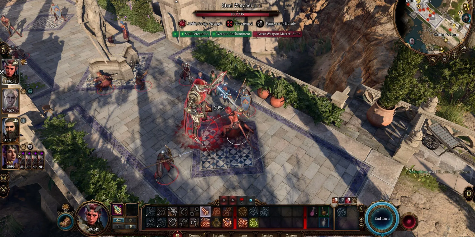 Một chiến binh Barbarian khổng lồ đang giao chiến trong Baldur's Gate 3, thể hiện sự khốc liệt của trận chiến.