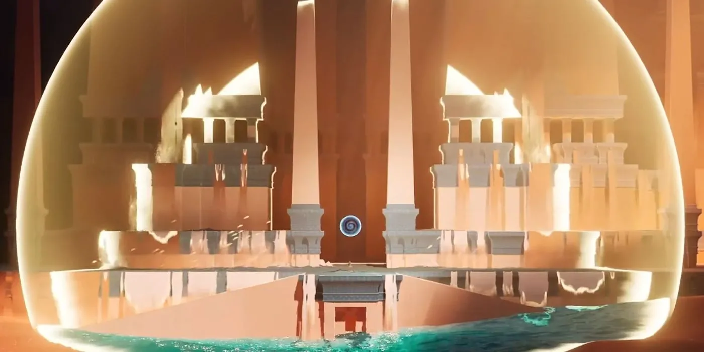 Một sa mạc mênh mông trong Sword of the Sea, gợi cảm giác cô độc và huyền bí, nơi người chơi lướt ván khám phá.