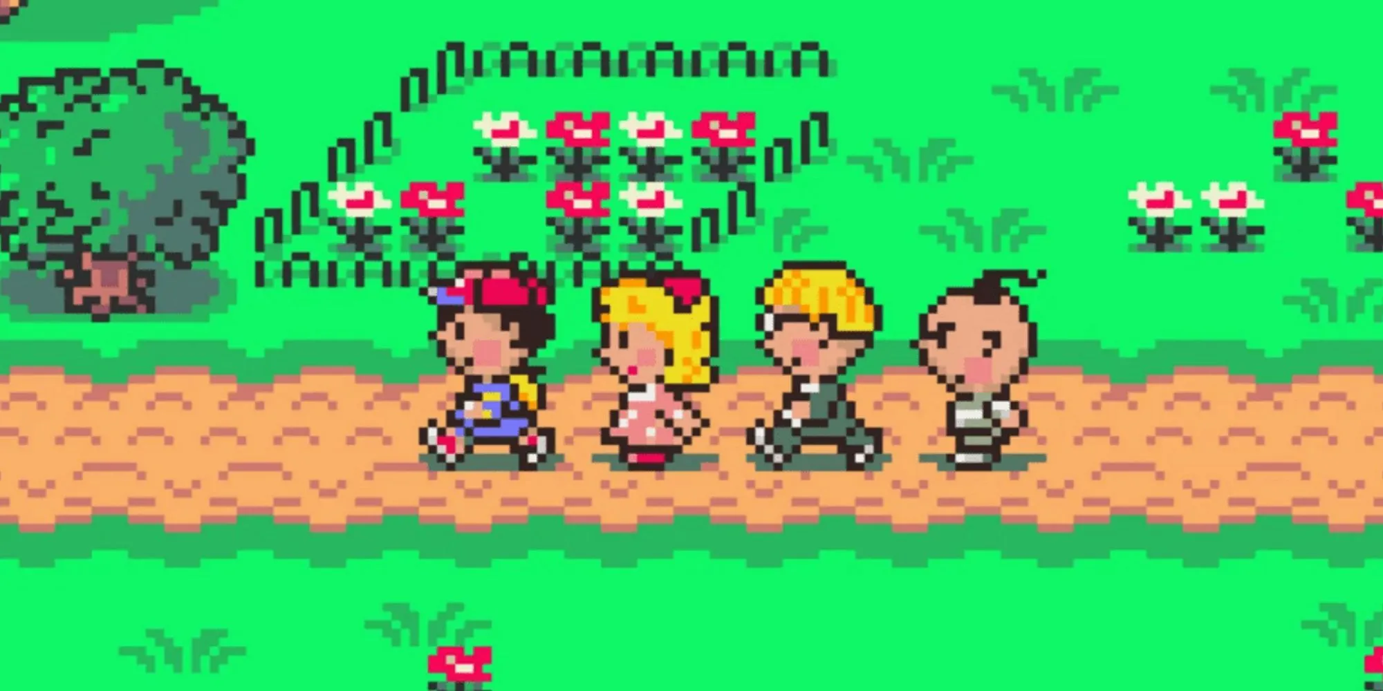 Ness và đồng đội đối mặt với quái vật ngoài hành tinh trong Earthbound, một JRPG kinh điển với đồ họa pixel art độc đáo