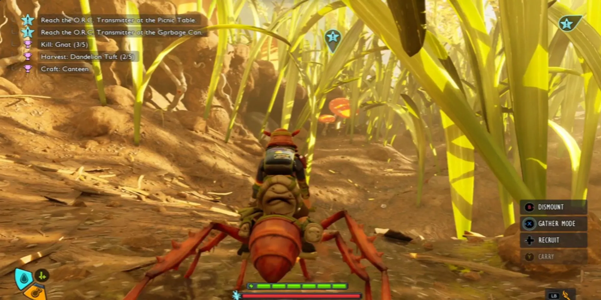Người chơi cưỡi kiến đỏ Buggie trong Grounded 2