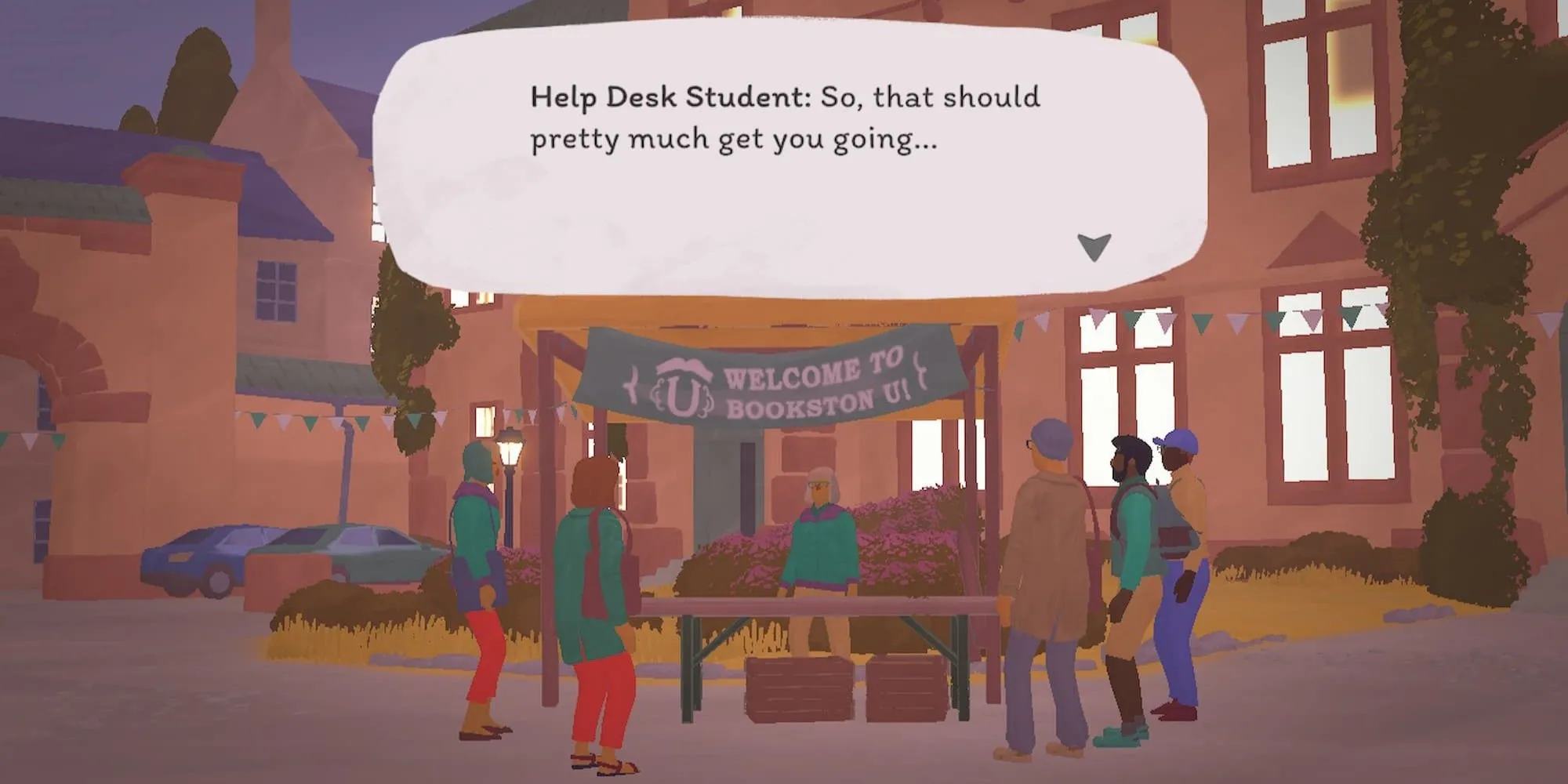 Nhân vật sinh viên tại bàn thông tin trong thị trấn Bookstonbury của game Tiny Bookshop
