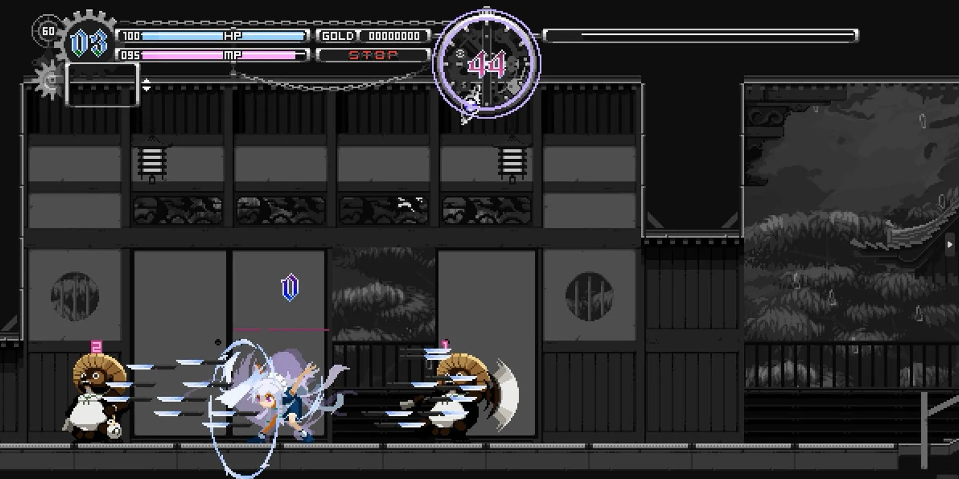 Nữ chính Sakuya Izayoi ném dao trong thời gian dừng trong Touhou Luna Nights