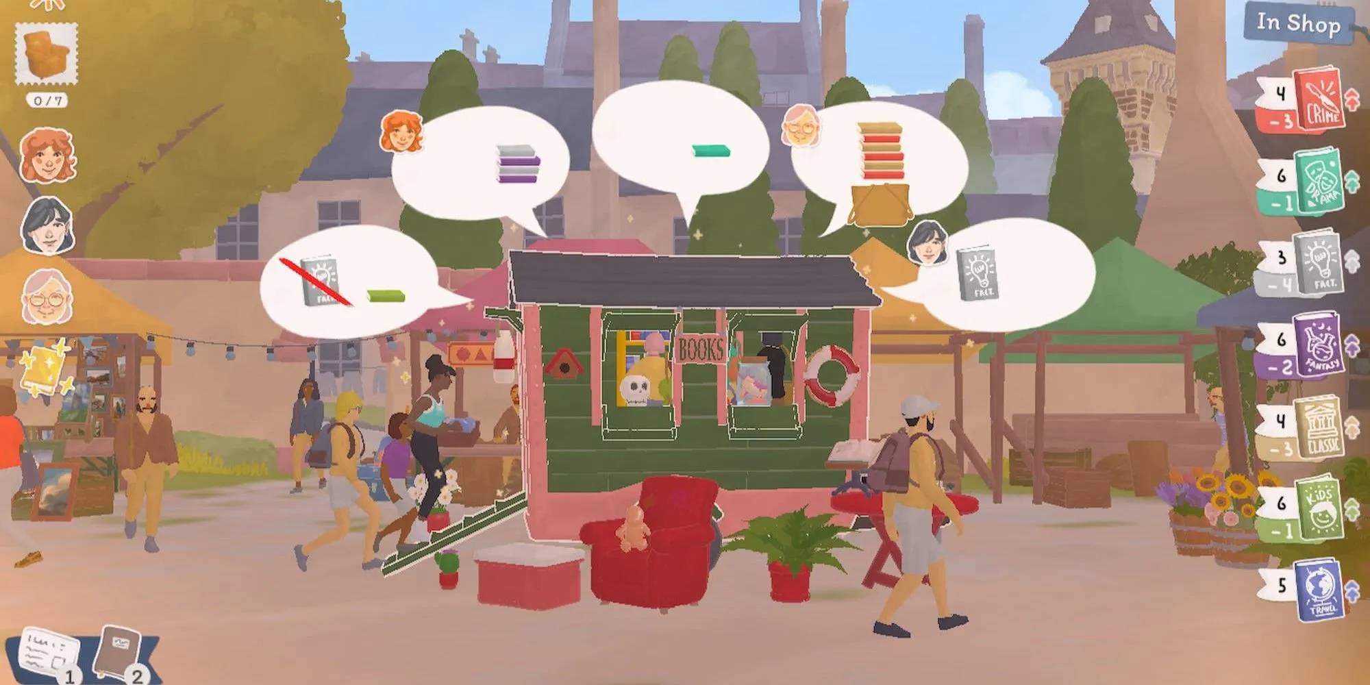 Quầy sách cũ tấp nập khách hàng tại chợ trời địa phương trong game Tiny Bookshop