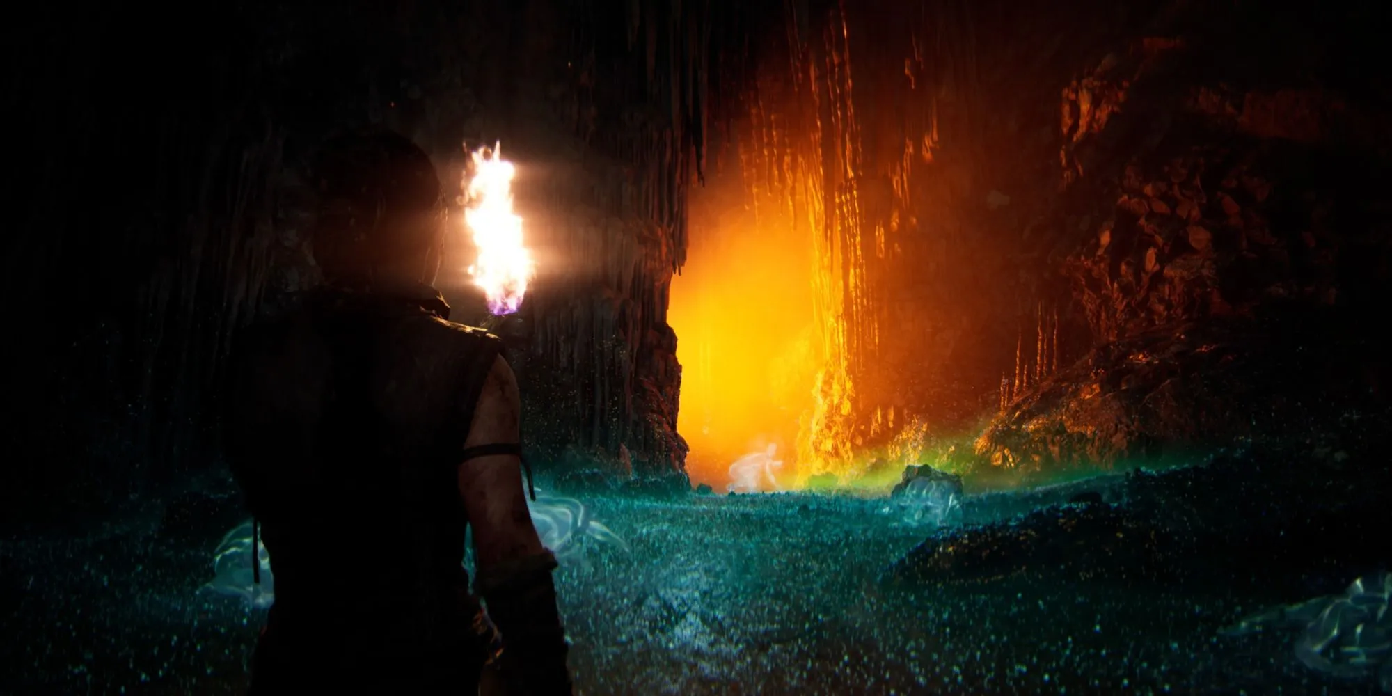 Senua đối diện với một cảnh cinematic đầy ấn tượng, nhấn mạnh chất lượng điện ảnh của Senua's Saga: Hellblade 2