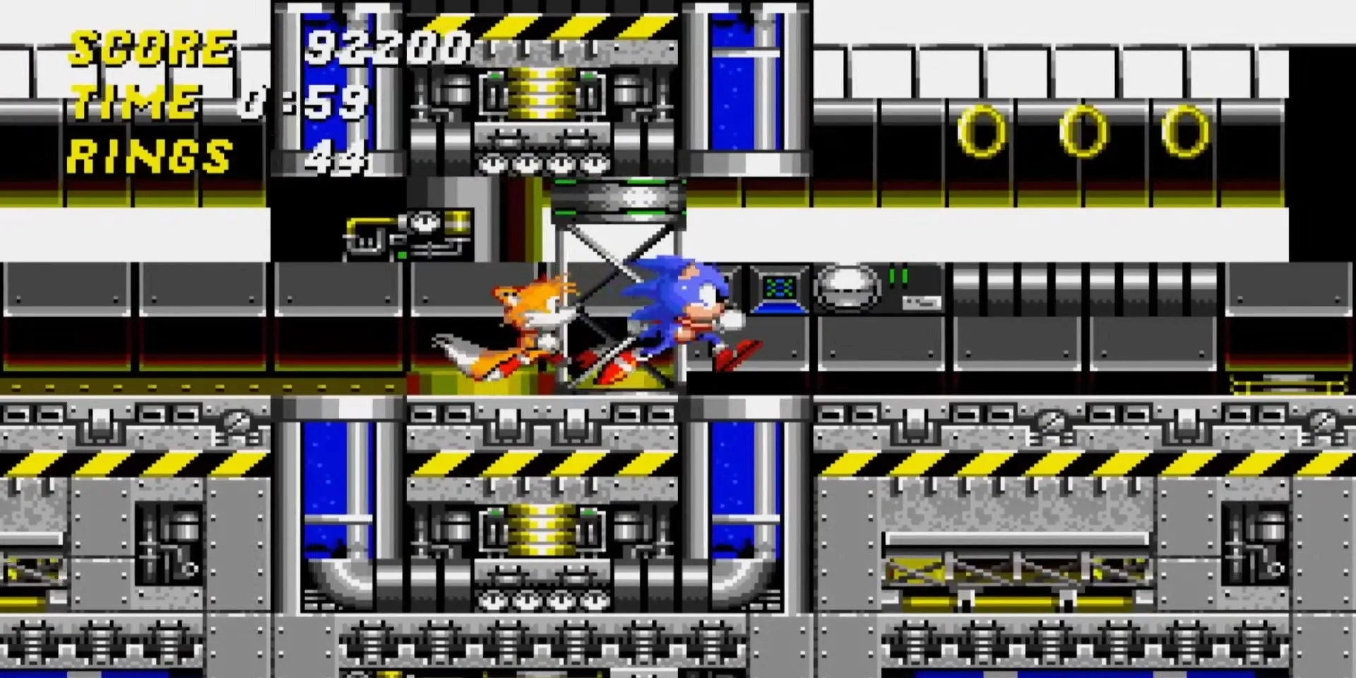 Sonic và Tails chạy qua màn Chemical Plant Zone trong Sonic the Hedgehog 2
