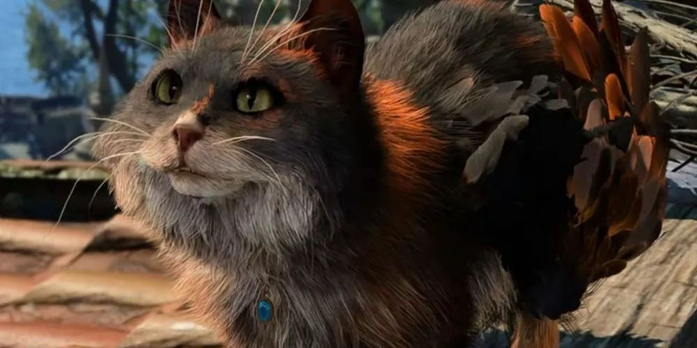 Tara, Tressym của Gale, bay lượn trên nóc nhà ở Rivington, Baldur's Gate 3