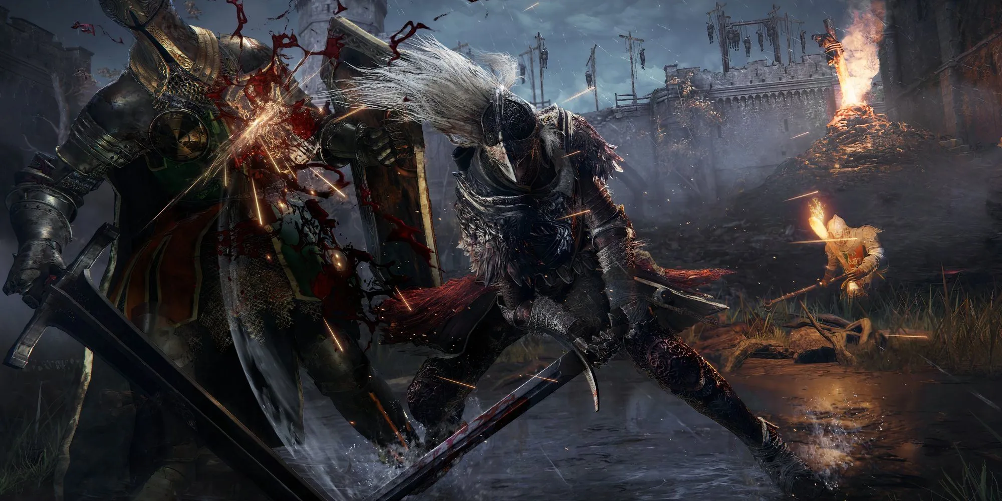 Tarnished mặc giáp Raging Wolf sử dụng Bastard Sword đối mặt với hiệp sĩ trong thế giới mở của Elden Ring