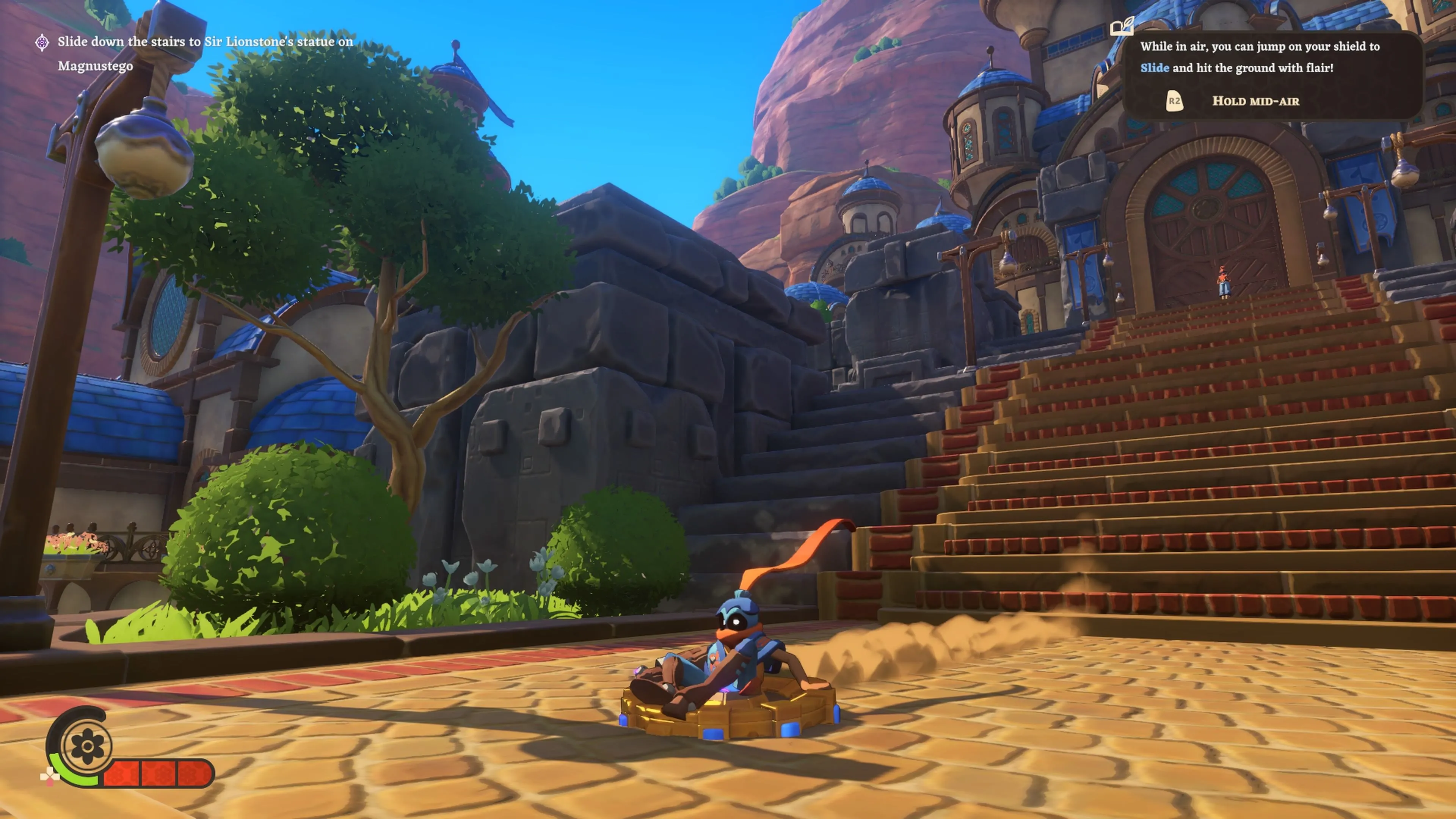 Tiểu hiệp sĩ The Knightling đang trượt khiên Magnus xuống một con dốc trong thế giới game đầy màu sắc