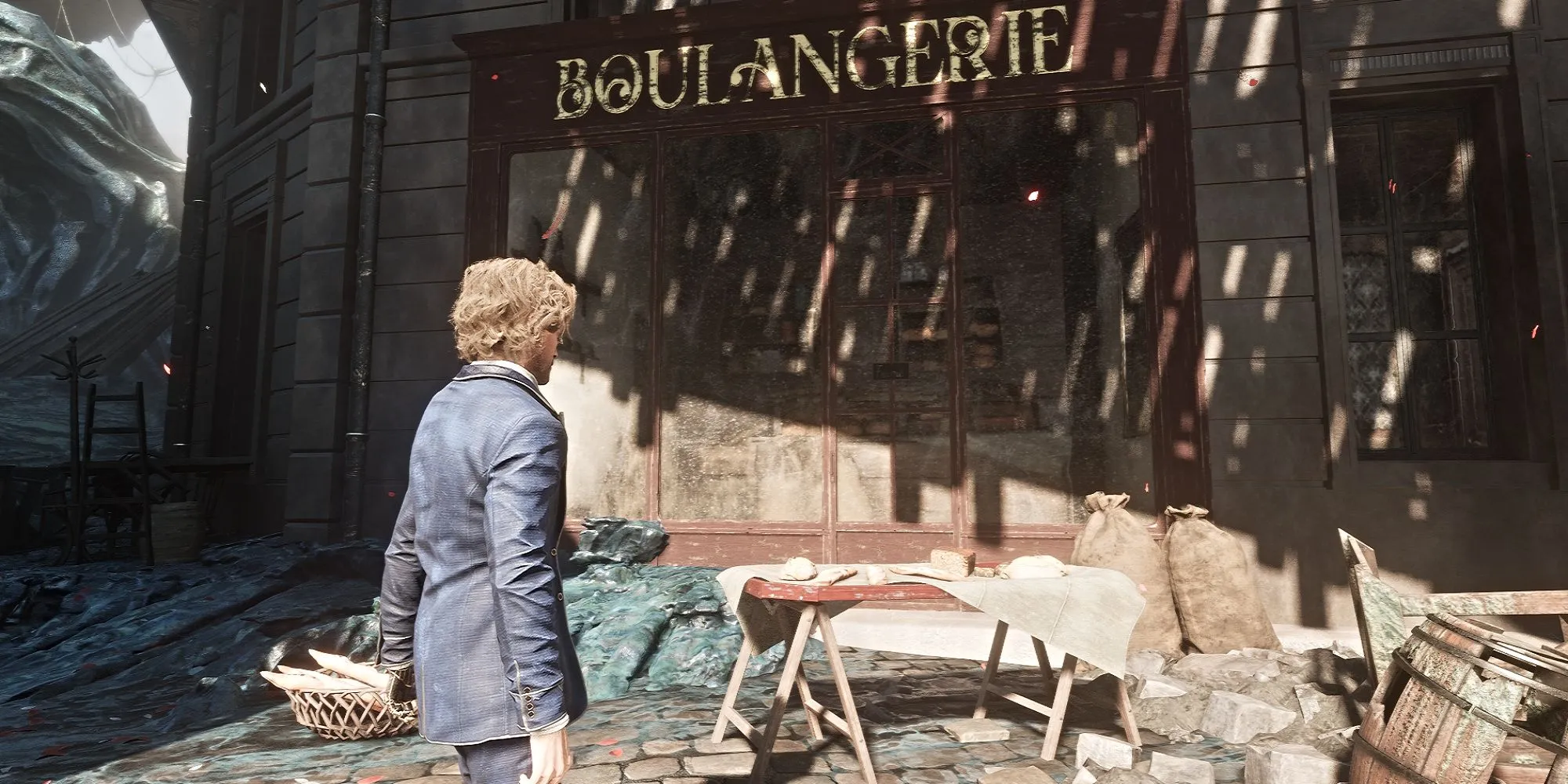 Vũ khí Baguette được bày trên bàn bánh mì trong tiệm Boulangerie của Clair Obscur Expedition 33