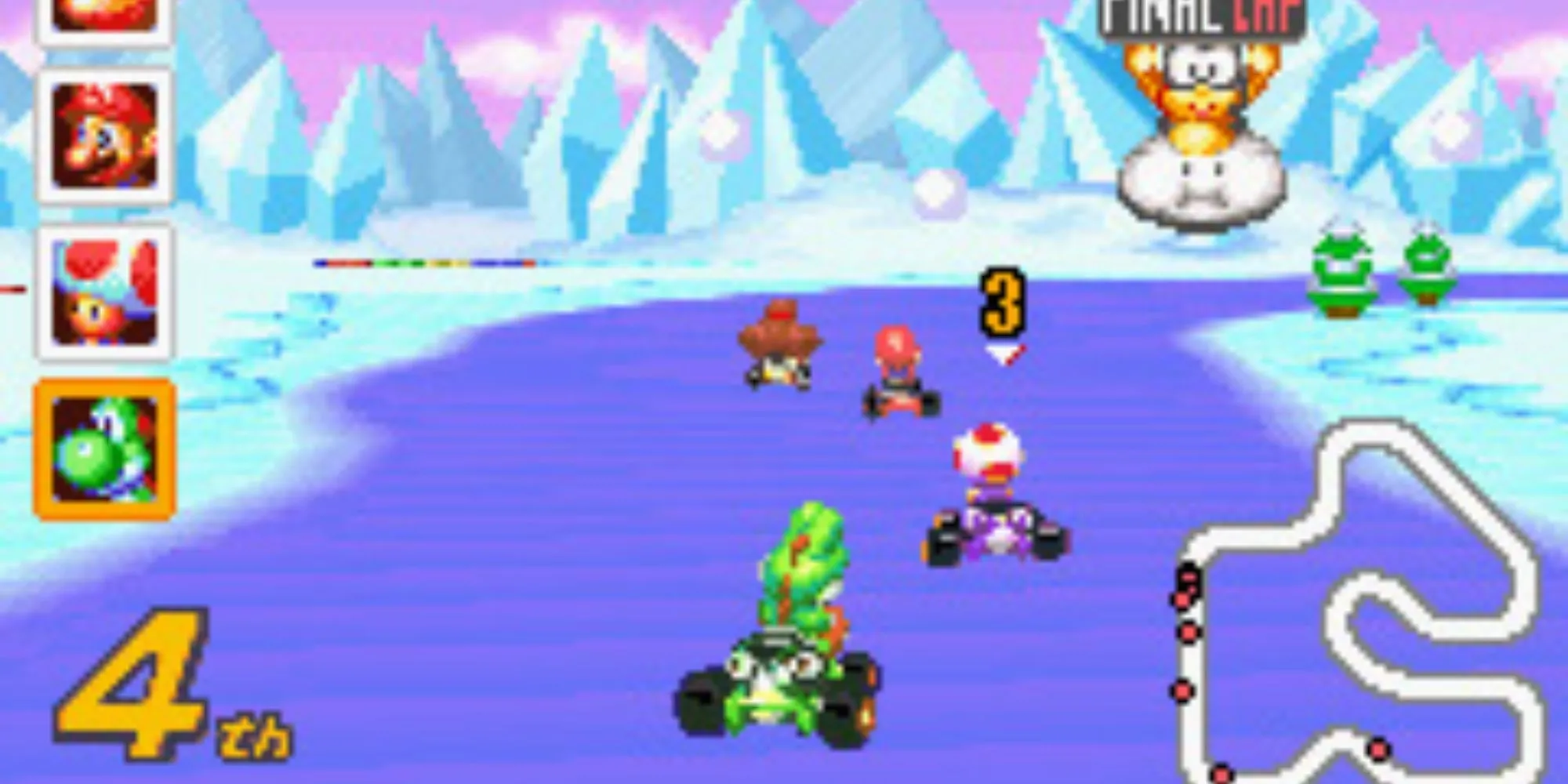 Yoshi đua cùng Toad, Mario và Donkey Kong trong Mario Kart: Super Circuit.