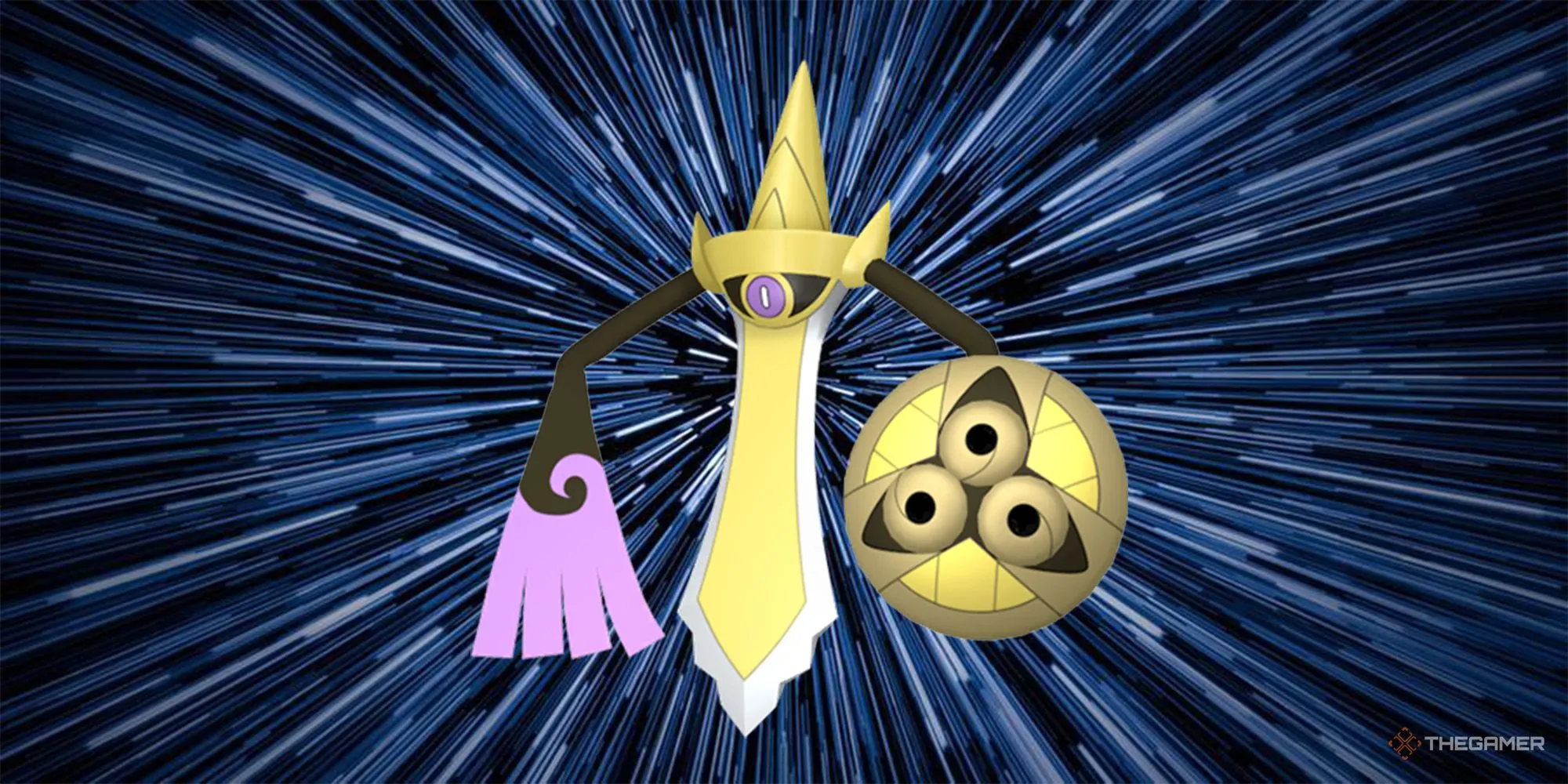 Aegislash với hiệu ứng warp, biểu tượng kiếm-khiên có thể biến hình khi Mega