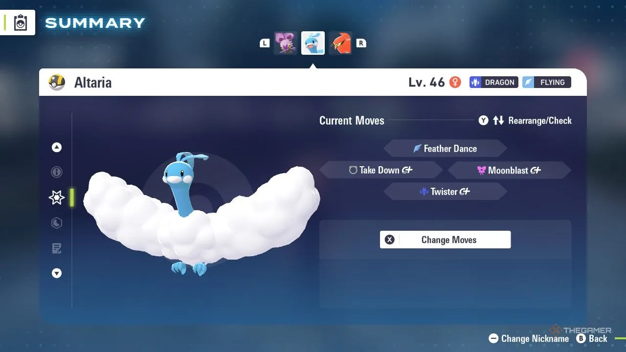Altaria trong menu Pokemon Legends: Z-A, Pokémon hệ Rồng/Bay bền bỉ