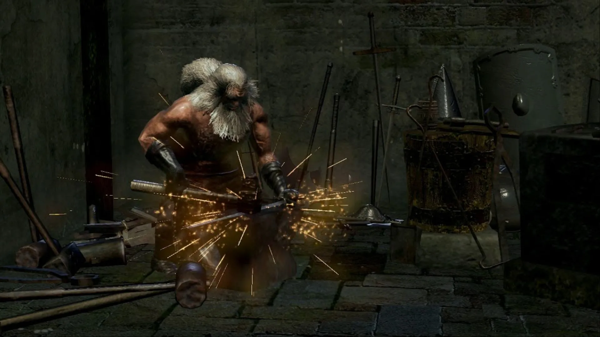 Andre of Astora gõ búa lên thanh kiếm trong Dark Souls Remastered