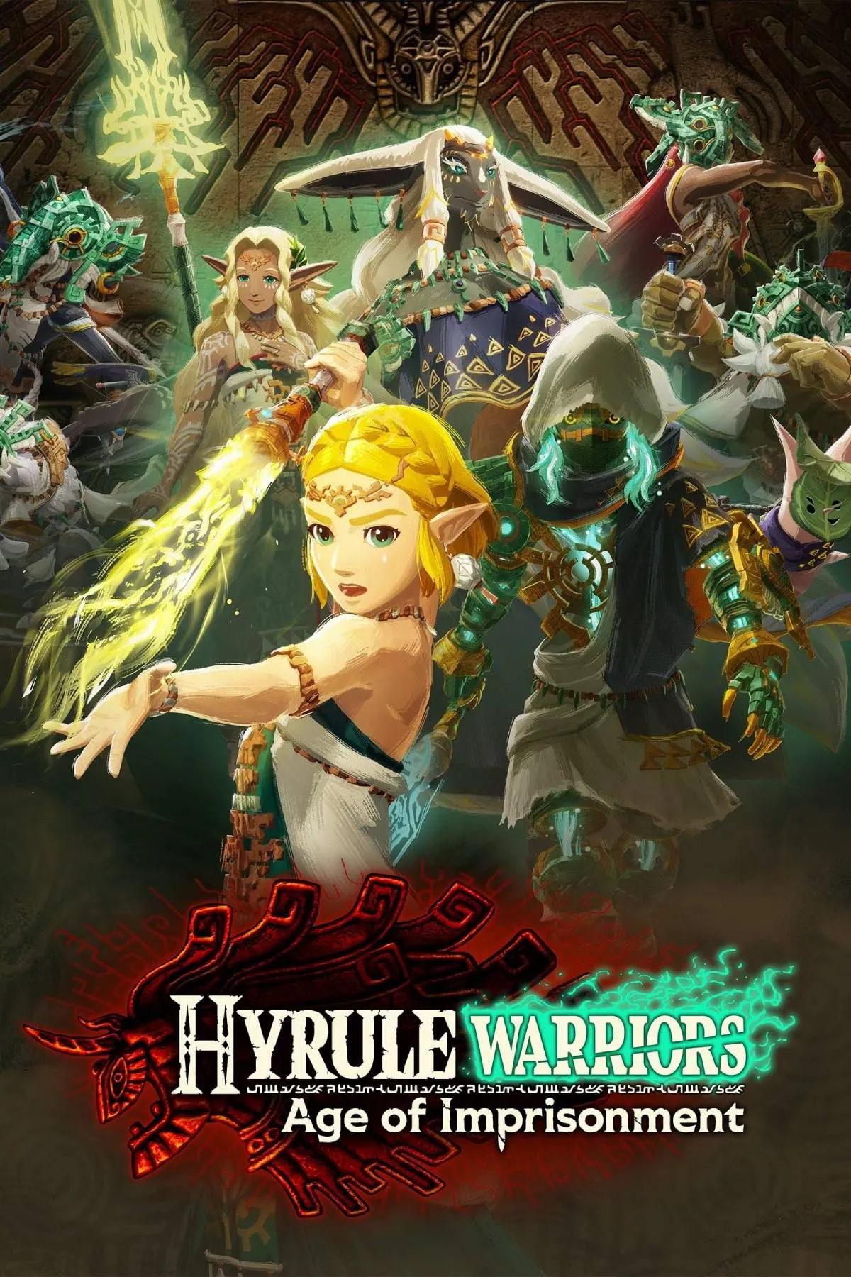 Ảnh bìa và hình ảnh truyền thông của Hyrule Warriors: Age of Imprisonment, thể hiện dàn nhân vật Sages và Zelda