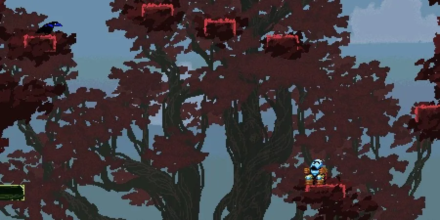 Ảnh chụp màn hình Jump King: khu vực trung cao, minh họa nền tảng đòi hỏi độ chính xác khi nhảy và các chướng ngại dốc đứng