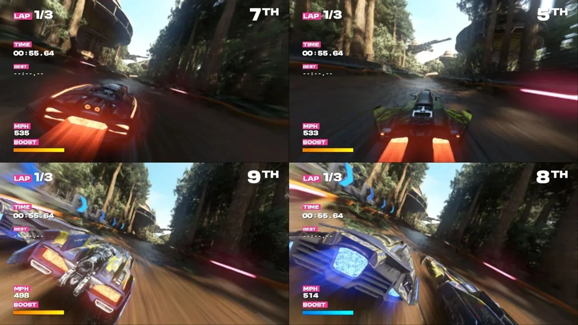Ảnh gameplay splitscreen từ Fast Fusion, minh họa phong cách đua tương đồng với F‑Zero