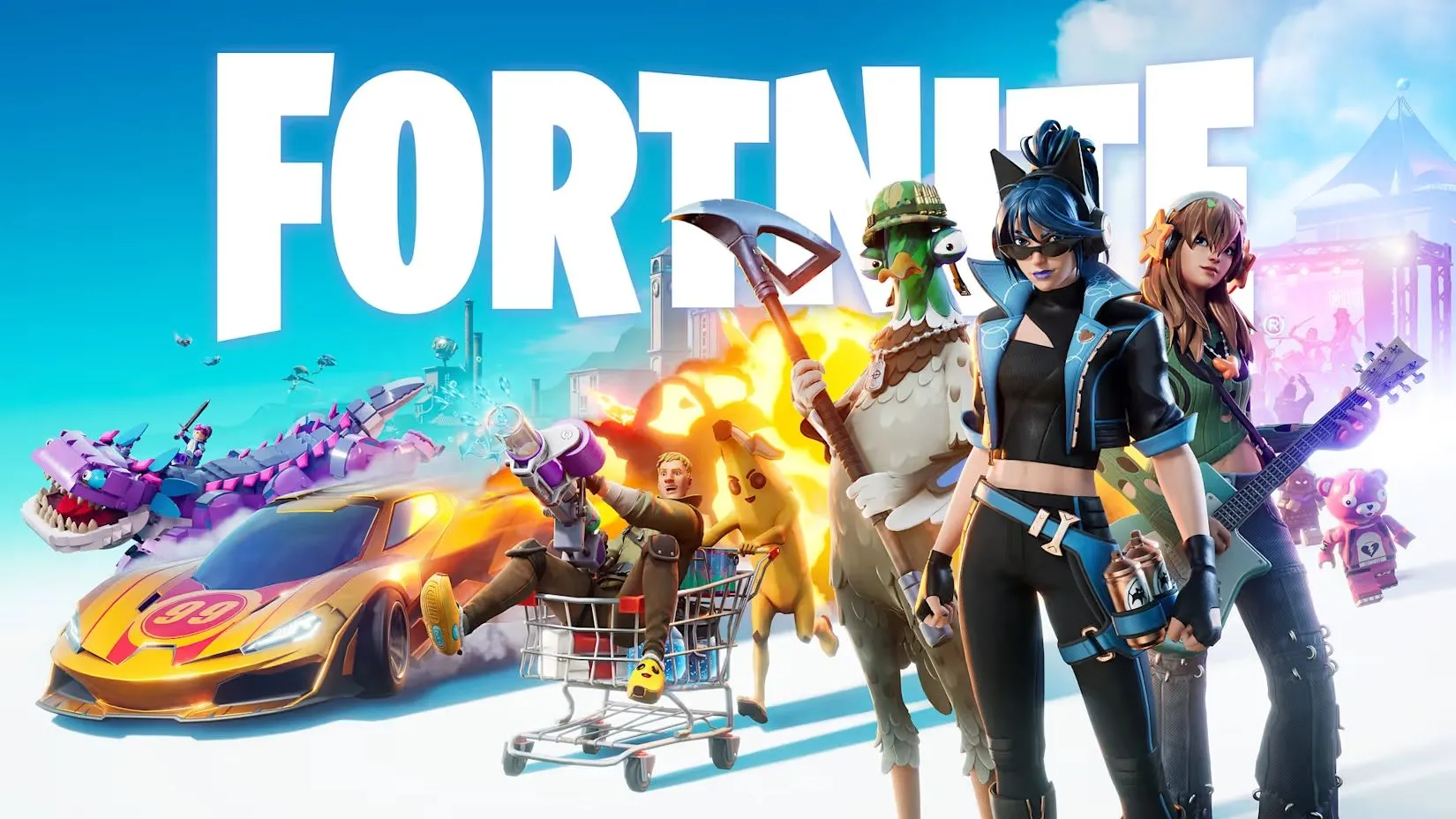 Ảnh in-game phong cách press image Fortnite, minh họa tông cel-shaded và nhân vật hợp tác