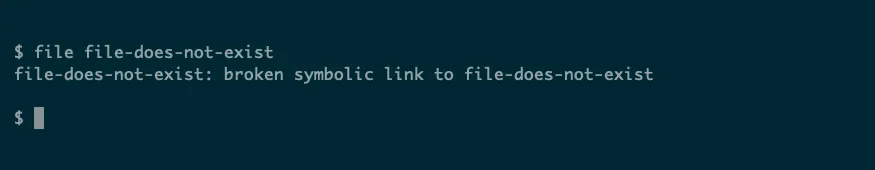 Ảnh minh họa lệnh file báo lỗi do symlink hỏng trên Linux, cho thấy thông báo về loại tệp không tồn tại