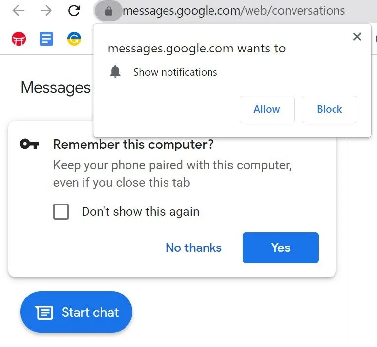 Ảnh minh họa lời nhắc cho phép trình duyệt ghi nhớ máy tính và bật thông báo trong Google Messages web