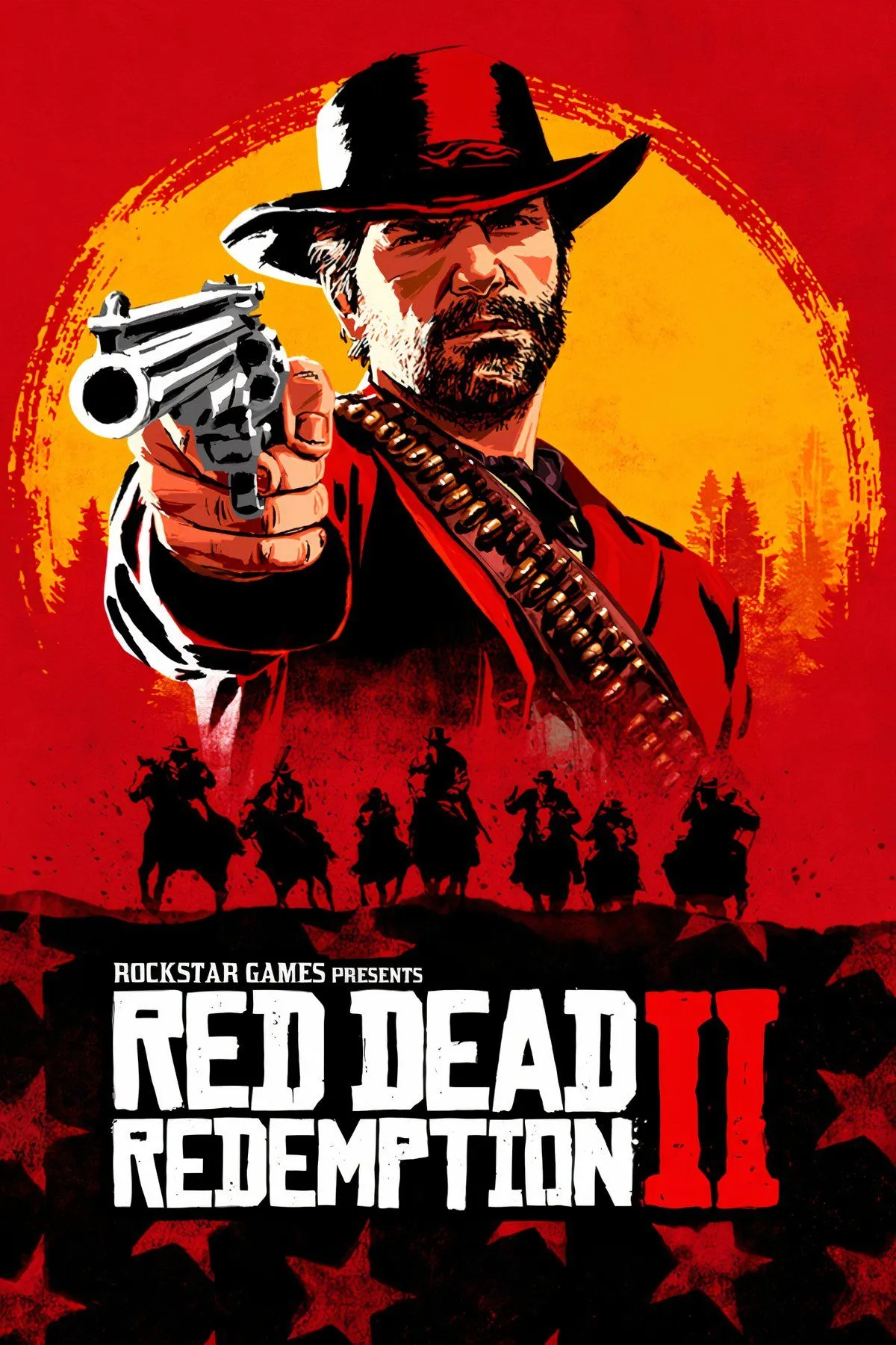 Arthur ngồi trên yên ngựa, nhìn ra một hoàng hôn đỏ rực trong Red Dead Redemption 2