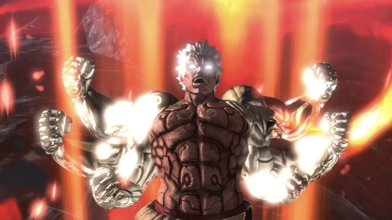 Asura phát sáng với nhiều cánh tay trong Asura's Wrath, minh họa các QTE đòi hỏi phản xạ theo nhịp.