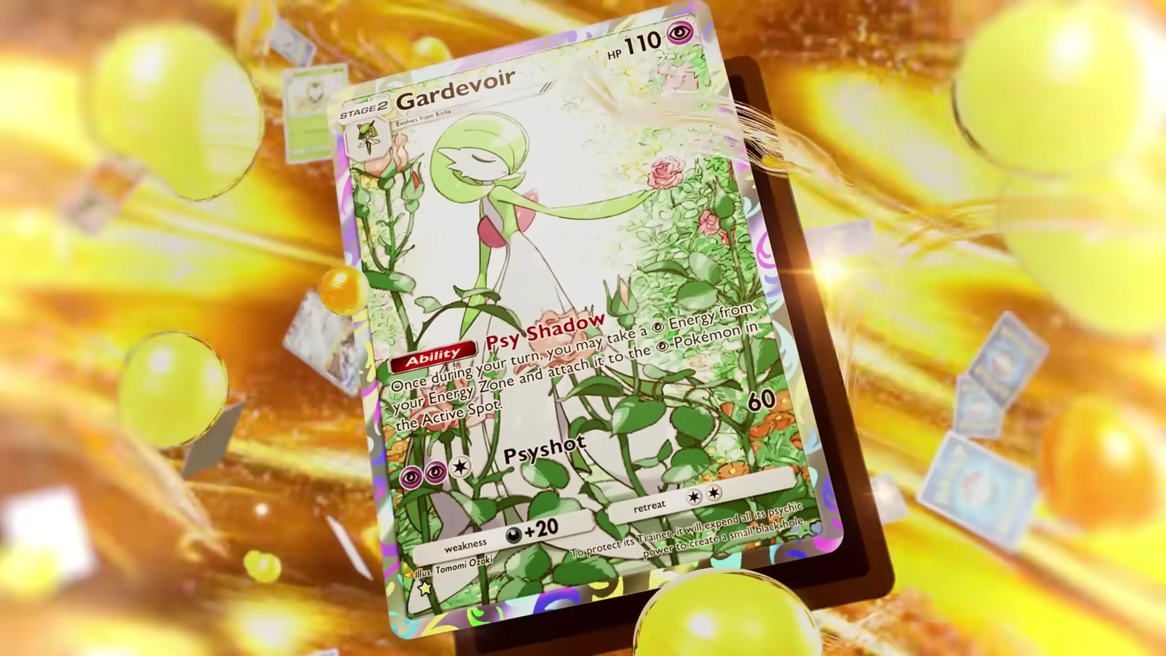 Bài full art Gardevoir đầy màu sắc hiển thị trong Pokemon TCG Pocket, minh họa cho vấn đề ghi nhận thẻ giữa các booster.