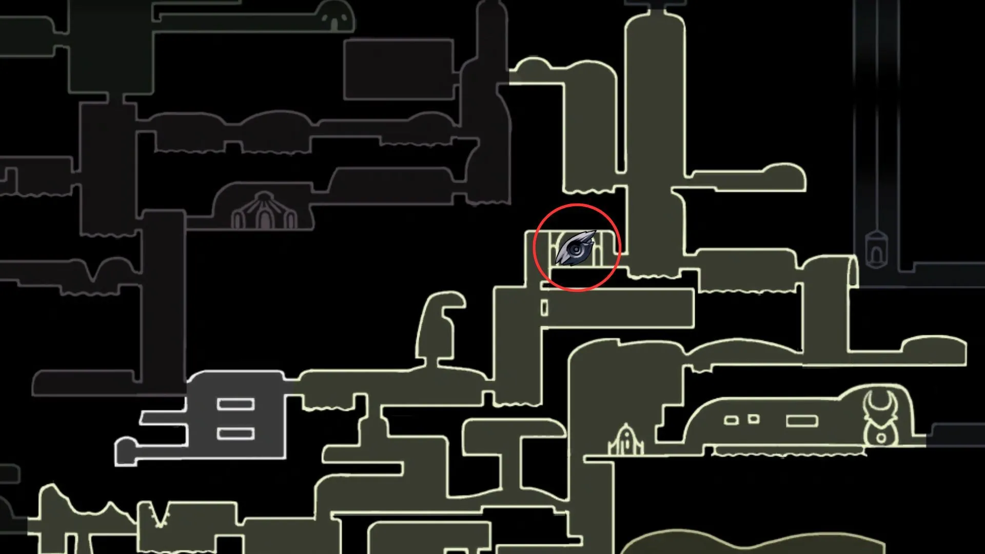 Bản đồ vị trí Charm Notch ở Fungal Wastes, phòng dưới vực cạnh bench, được bảo vệ bởi hai Shrumal Ogres