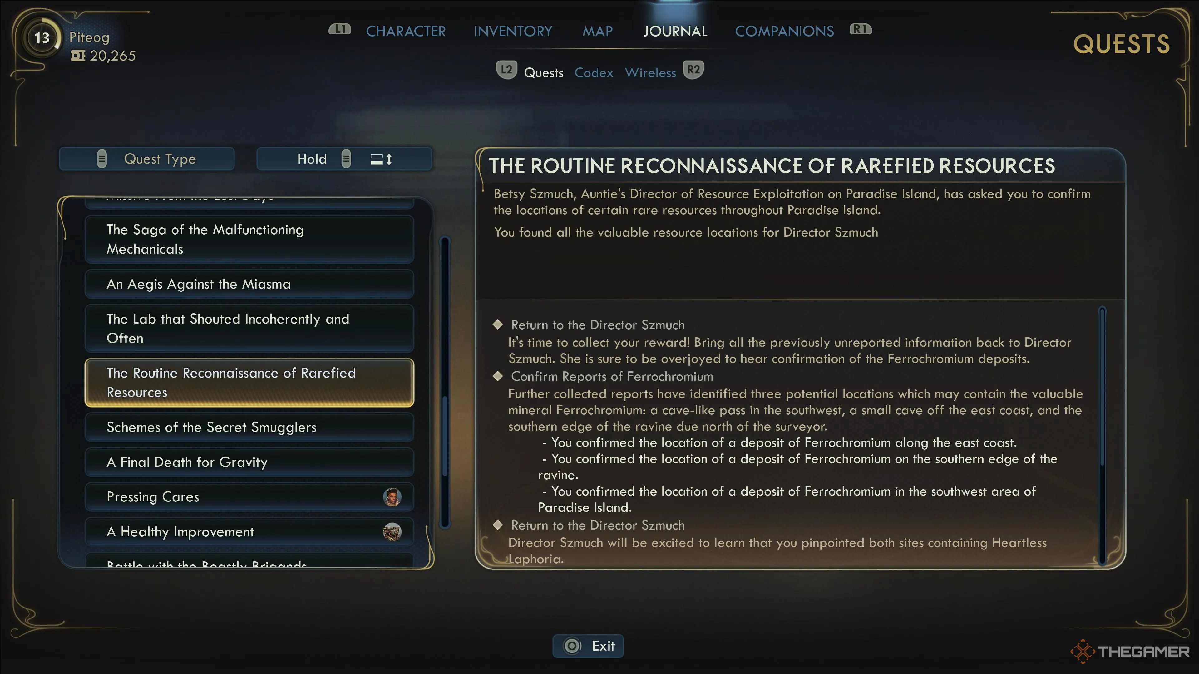 Bản ghi nhật ký nhiệm vụ Pressing Cares hiển thị các mốc cần thực hiện cùng Niles trong The Outer Worlds 2.