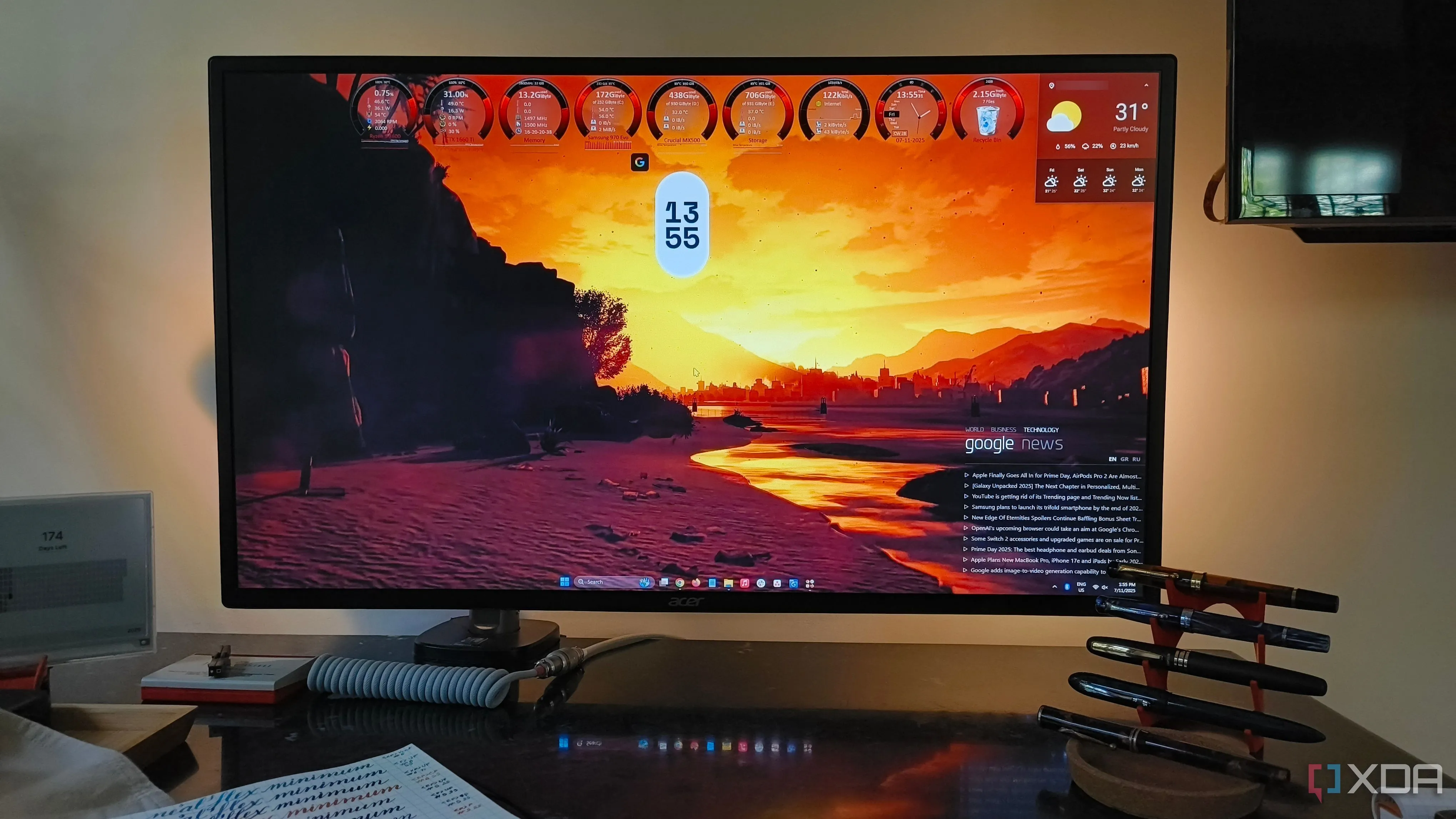 Bàn làm việc với Rainmeter hiển thị nhiều skin khác nhau trên desktop, phù hợp cho game thủ stream và đa nhiệm