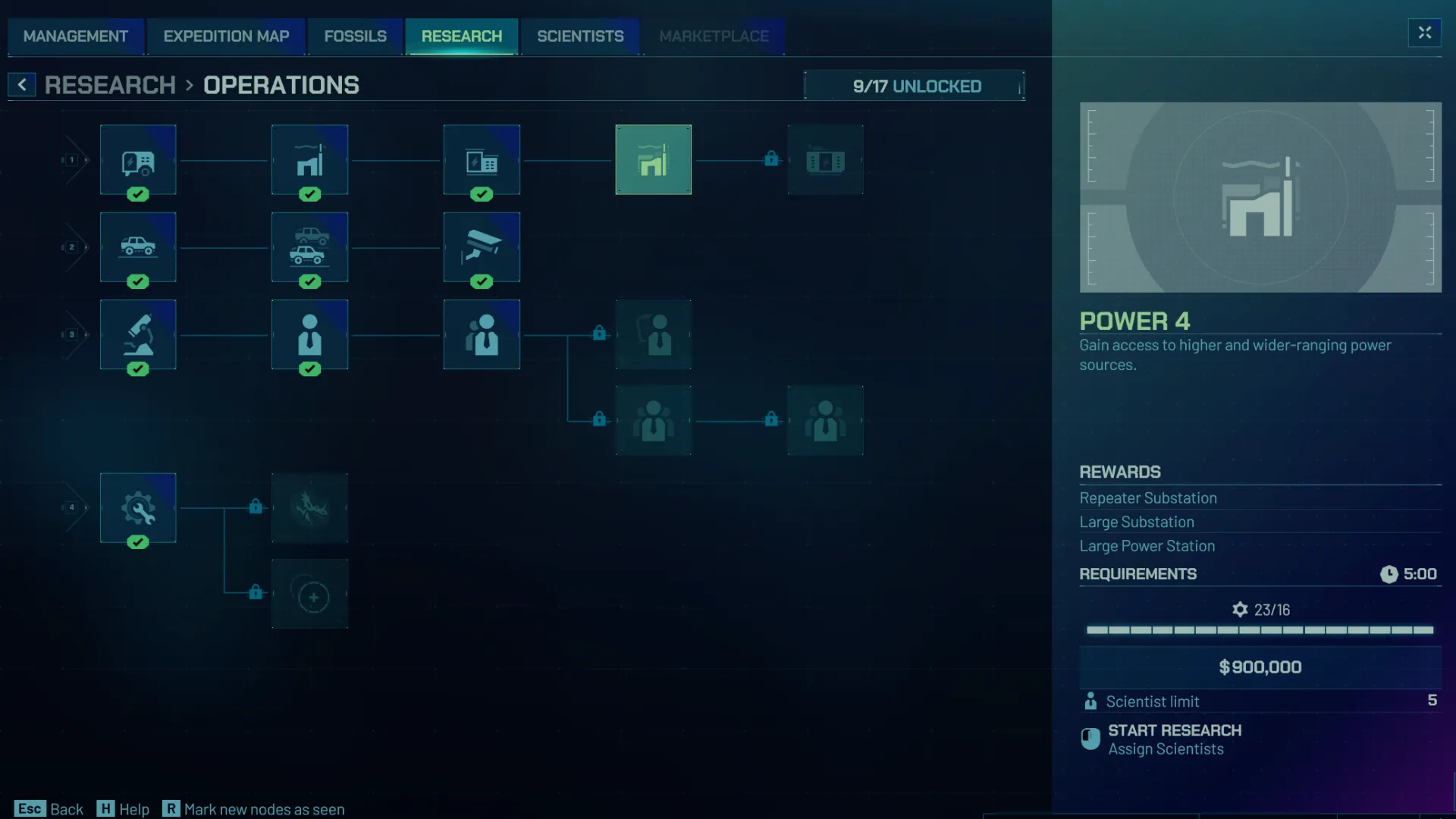 Bảng nghiên cứu năng lượng và hạ tầng điện trong Jurassic World Evolution 3, hiển thị Substations và Pylons giúp di chuyển nguồn điện trong công viên