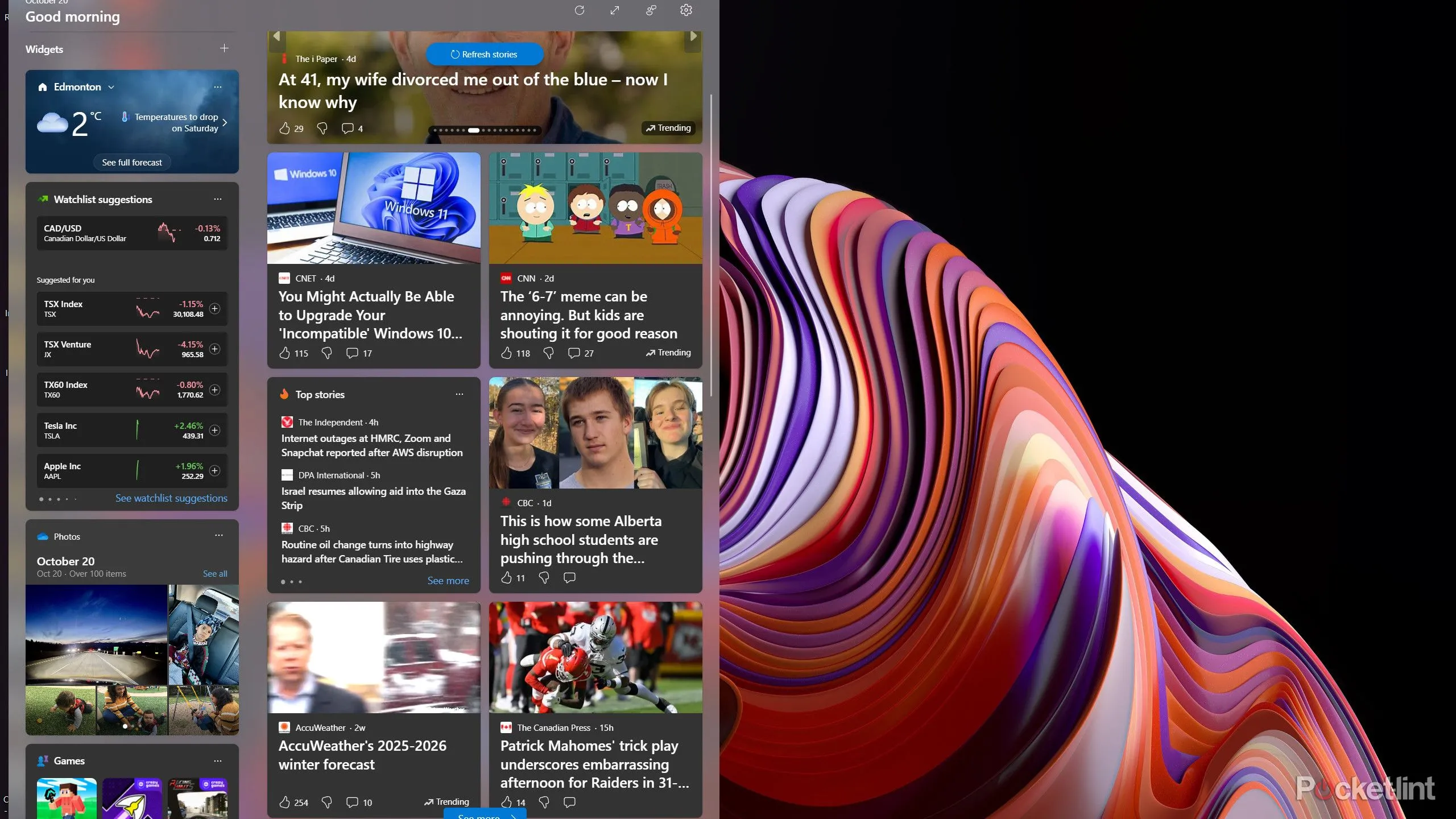 Bảng Widgets Windows 11 hiển thị thông tin hỗn hợp với tin tức và thời tiết