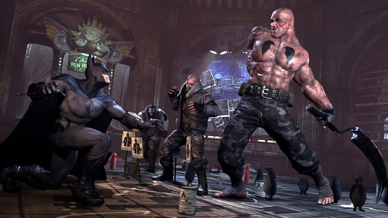 Batman đứng đối diện nhiều côn đồ trong Batman Arkham City, nhấn mạnh nhịp điệu chiến đấu của hệ thống counter.
