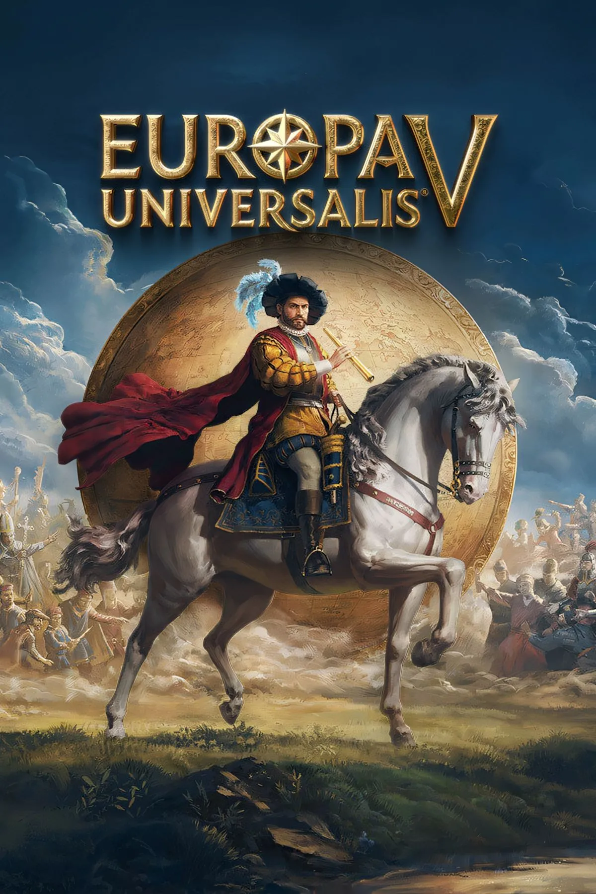 Bìa Europa Universalis V - bản đồ thế giới cùng biểu tượng grand strategy, minh họa quy mô lịch sử