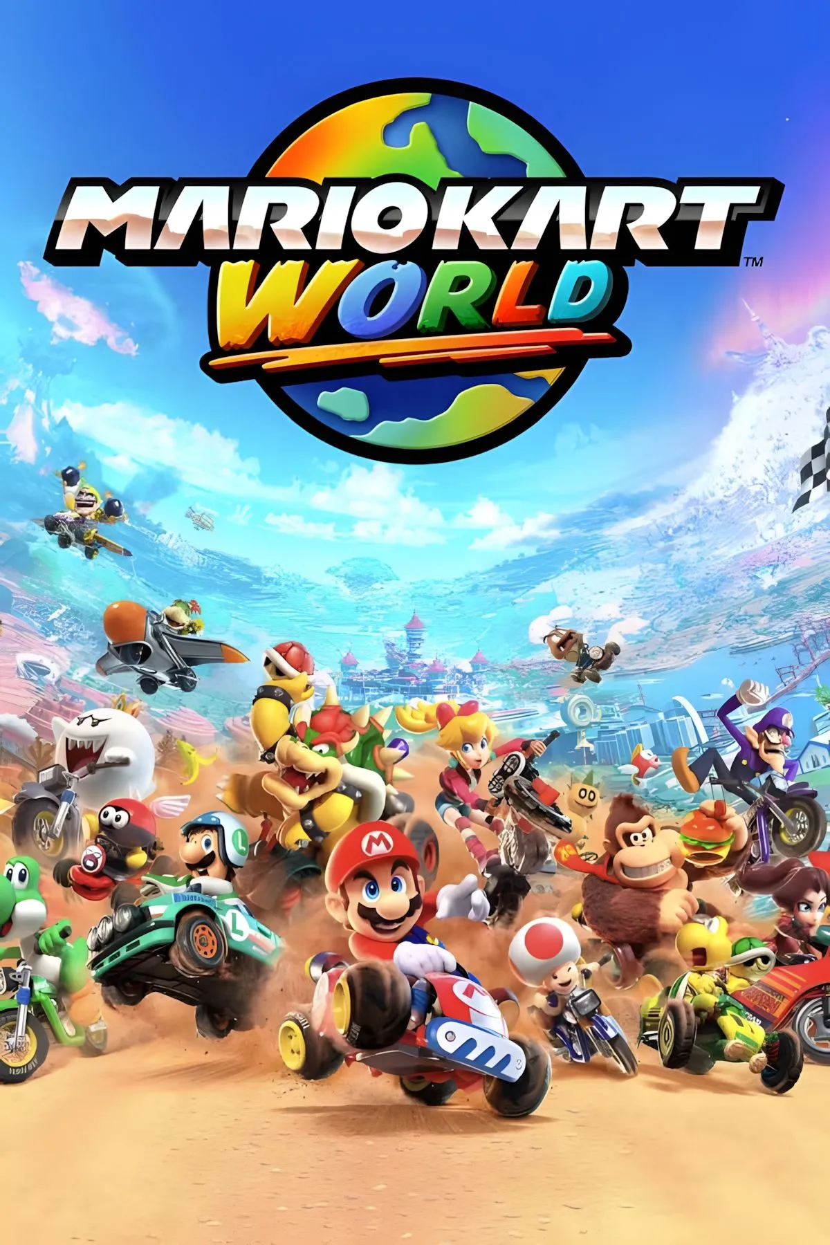 Bìa Mario Kart World với cảnh đua trong môi trường mở trên Switch 2