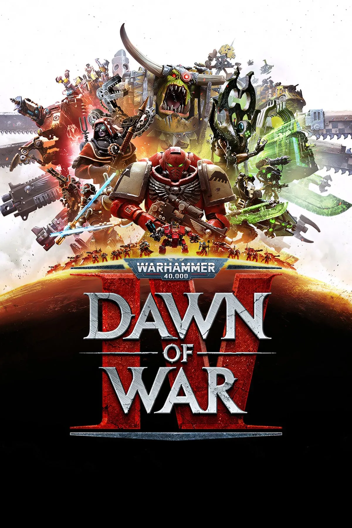 Bìa Warhammer 40,000 Dawn of War IV - hình ảnh trận chiến chiến thuật quy mô lớn, các đơn vị chiến đấu trên mặt trận tương lai
