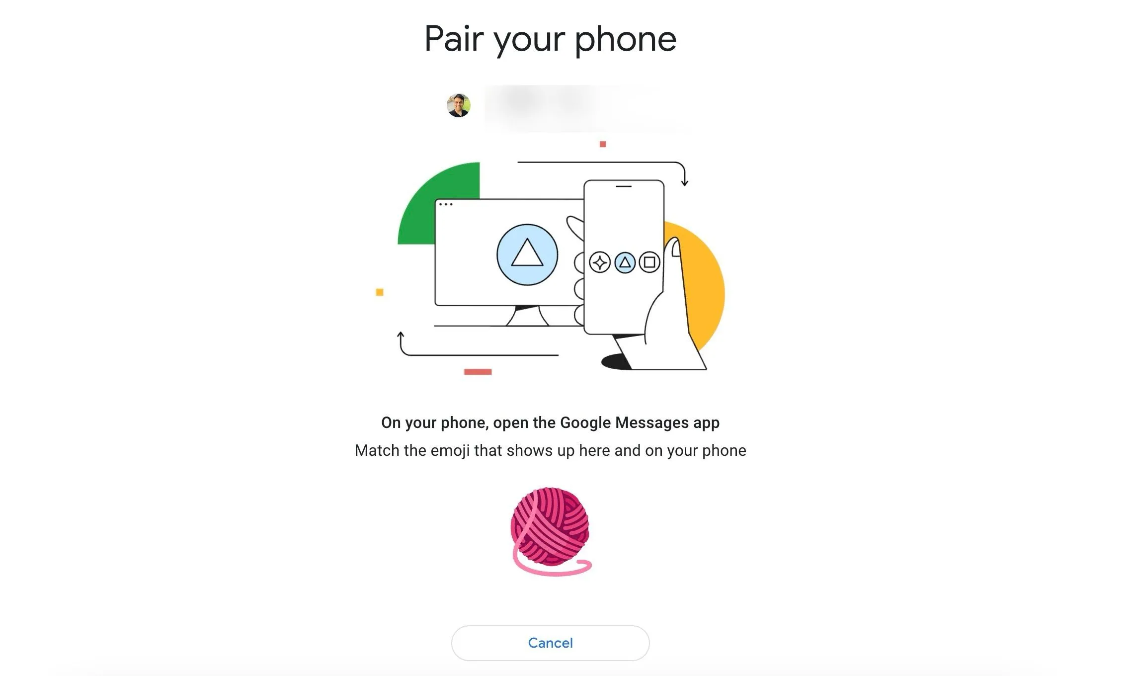 Bước ghép nối Google Messages for Web với phần hiển thị emoji xác thực và màn hình đăng nhập trên web