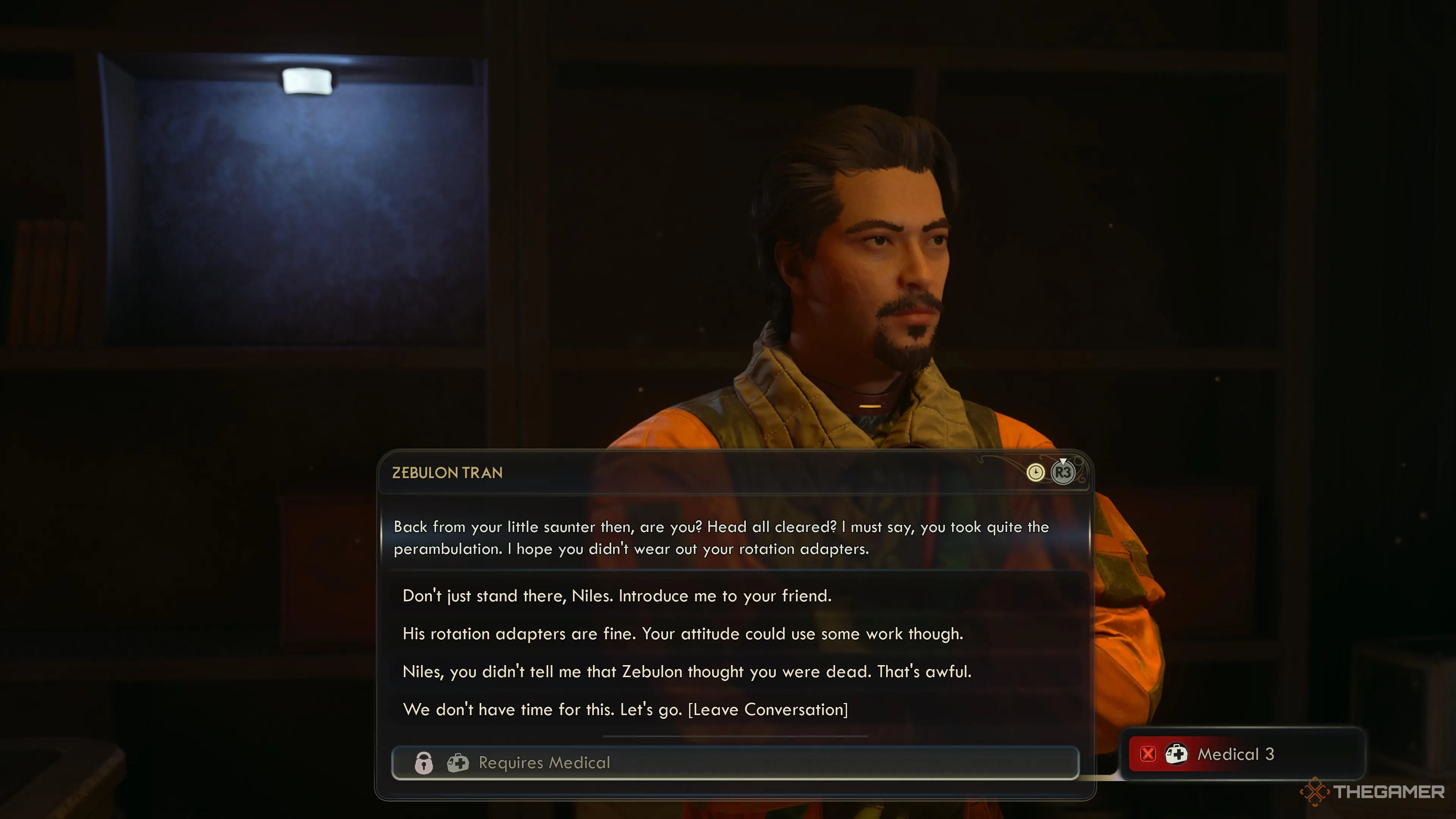 Các lựa chọn đối thoại với Zebulon khi bạn tìm tới nơi ở ngập nước ở Westport trong The Outer Worlds 2.