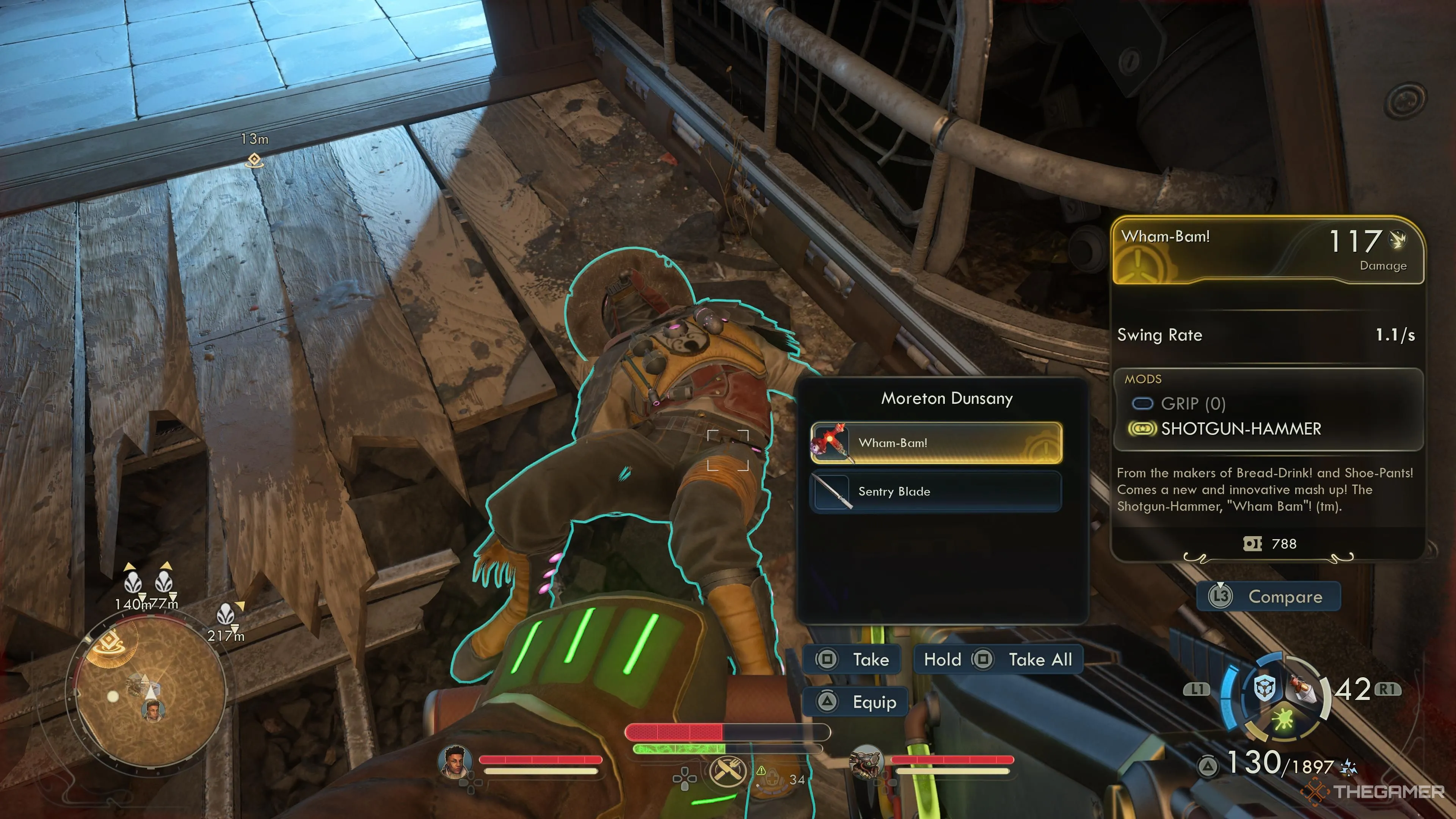 Cận cảnh vũ khí Wham‑Bam! rơi ra từ Moreton Dunsany sau khi hạ, vũ khí mang hiệu ứng sát thương cận chiến và phát nổ